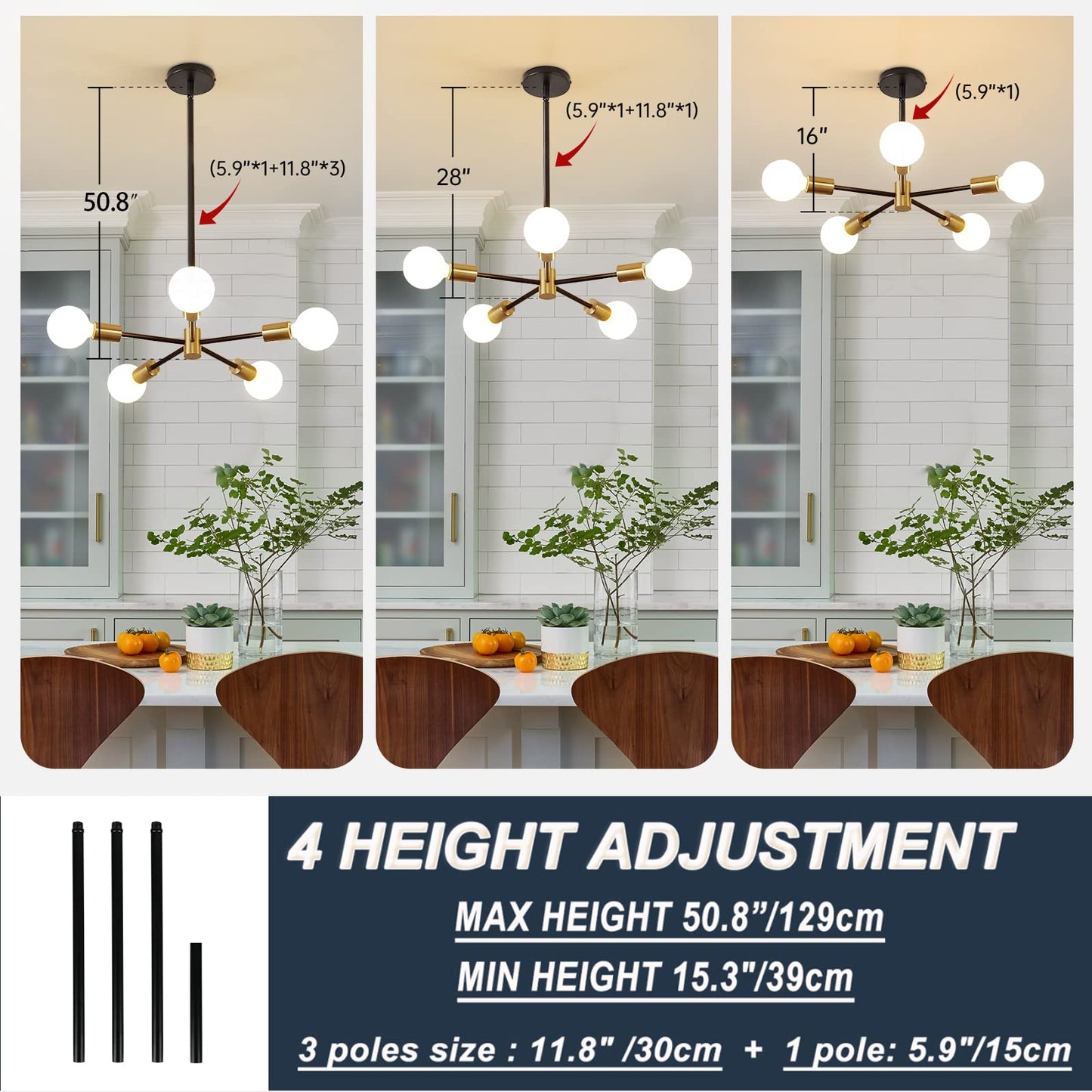 Modern Chandelier Ceiling Light Fixture Sputnik Chandeliers Gold and Black Farmhouse Chandelier Over Table 12-Light Height Adjustable Chandeliers for Dining Room, Living Room,Kitchen Island