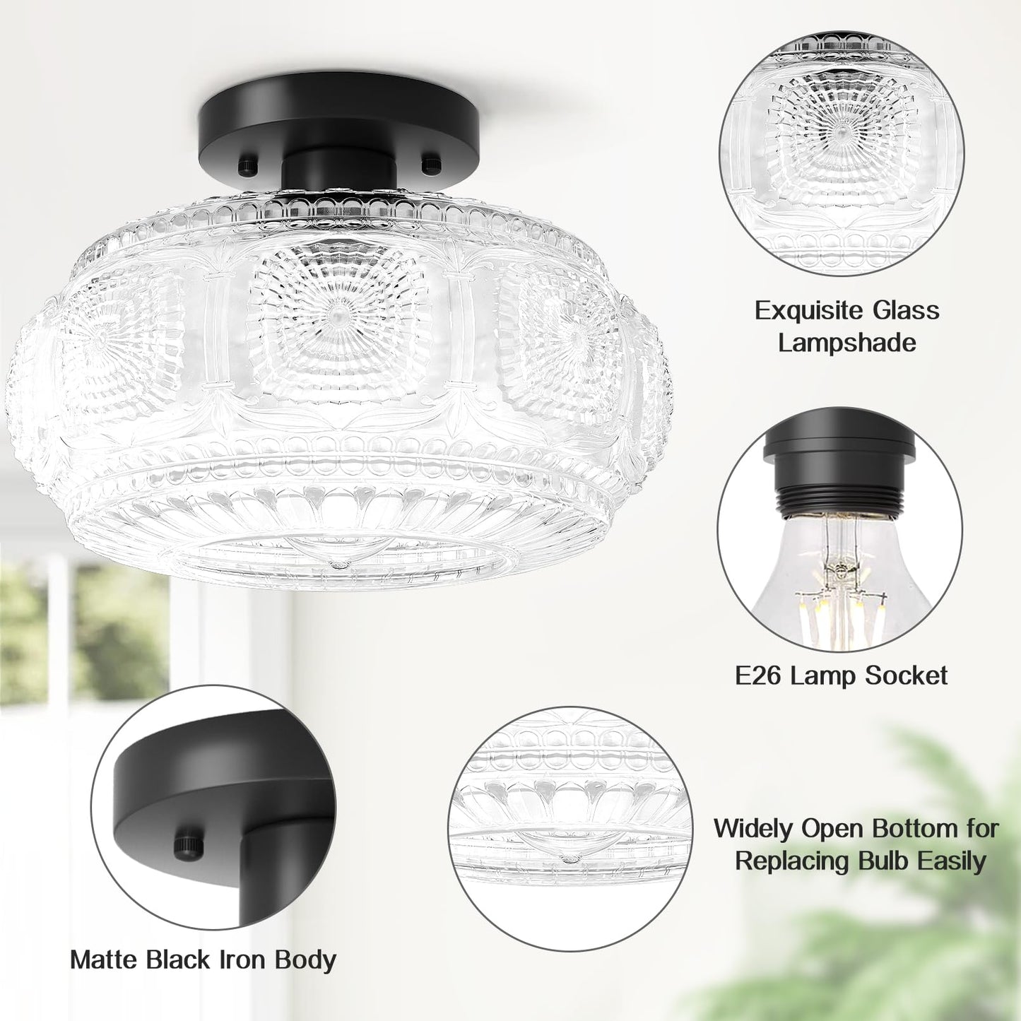 Semi Flush Mount Ceiling Light, Globe Glass Ceiling Light Fixture, Black Modern Lighting (Bulb Not Included)