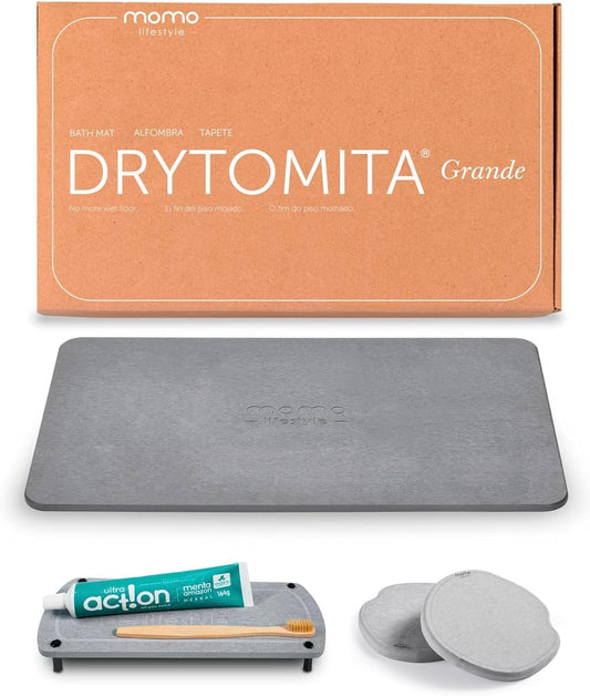 Momo Large Stone Bath Mat 31.5" X 19.7" Graphite Grey + Stone Sink Caddy + 2 Pack Stone Coasters