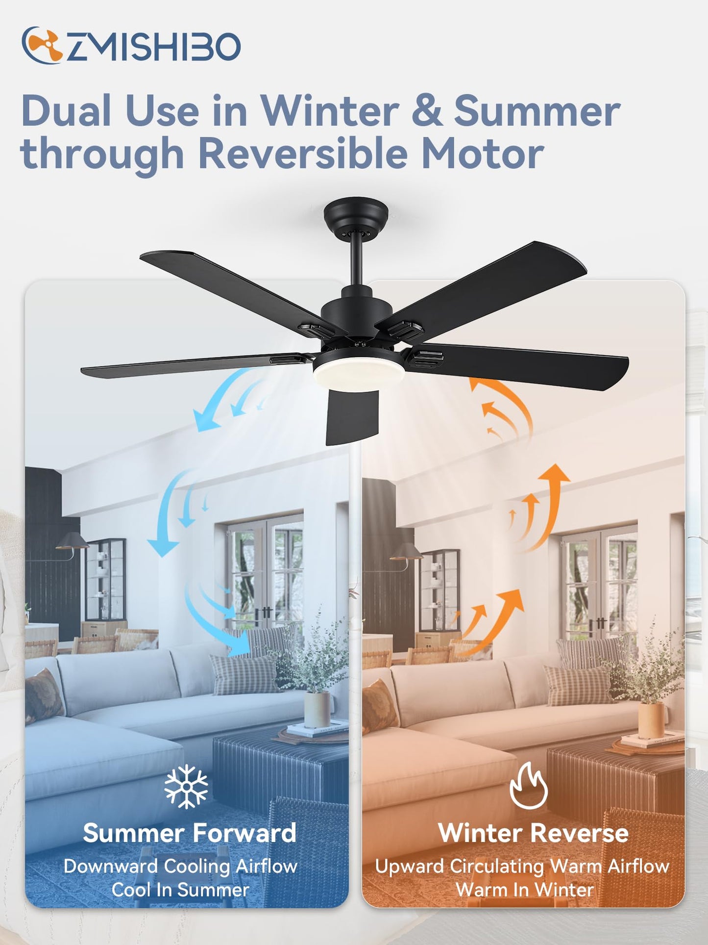 52" Ceiling Fans with Lights, Black Modern Ceiling Fan with Remote, Farmhouse Indoor Ceiling Fan with Dual Finish Blades, Quiet & Strong Motor, Bright LED Light.