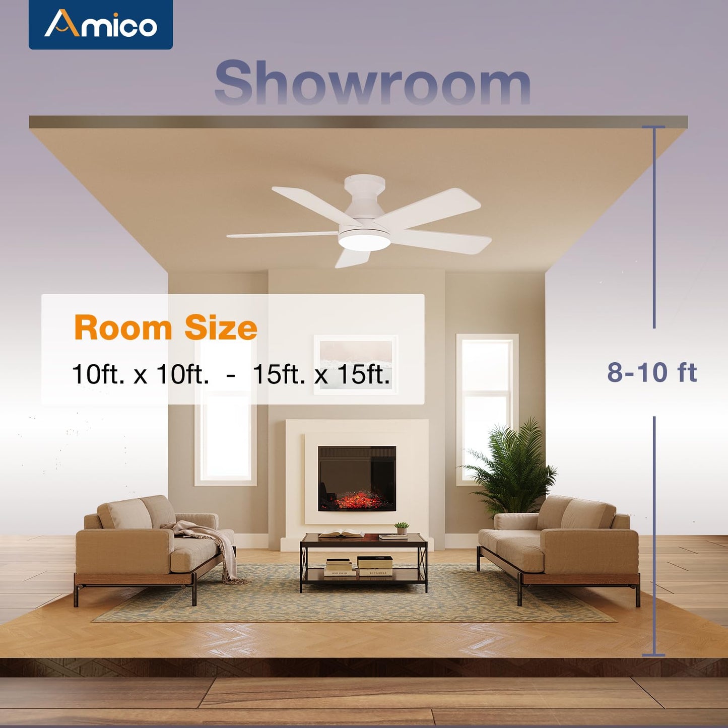 Amico Ceiling Fans with Lights, 42 Inch Low Profile Ceiling Fan with Light and Remote Control, Flush Mount, Reversible, 3CCT, Dimmable, Quiet, White Small Ceiling Fan for Bedroom Outdoor/Indoor Use