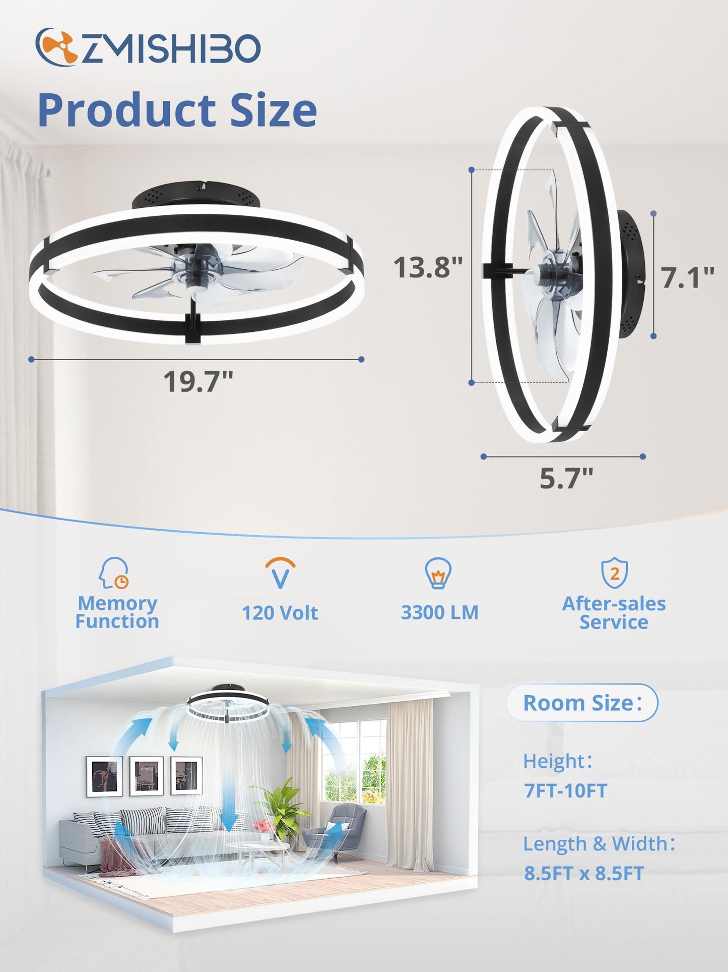 Ceiling Fans with Lights and Remote, 19.7'' Low Profile Ceiling Fans, 3000-6000K Dimmable Modern Flush Mount LED Fan Light, 6 Wind Speeds, Black Fandelier Ceiling Fans with Lights for Bedroom