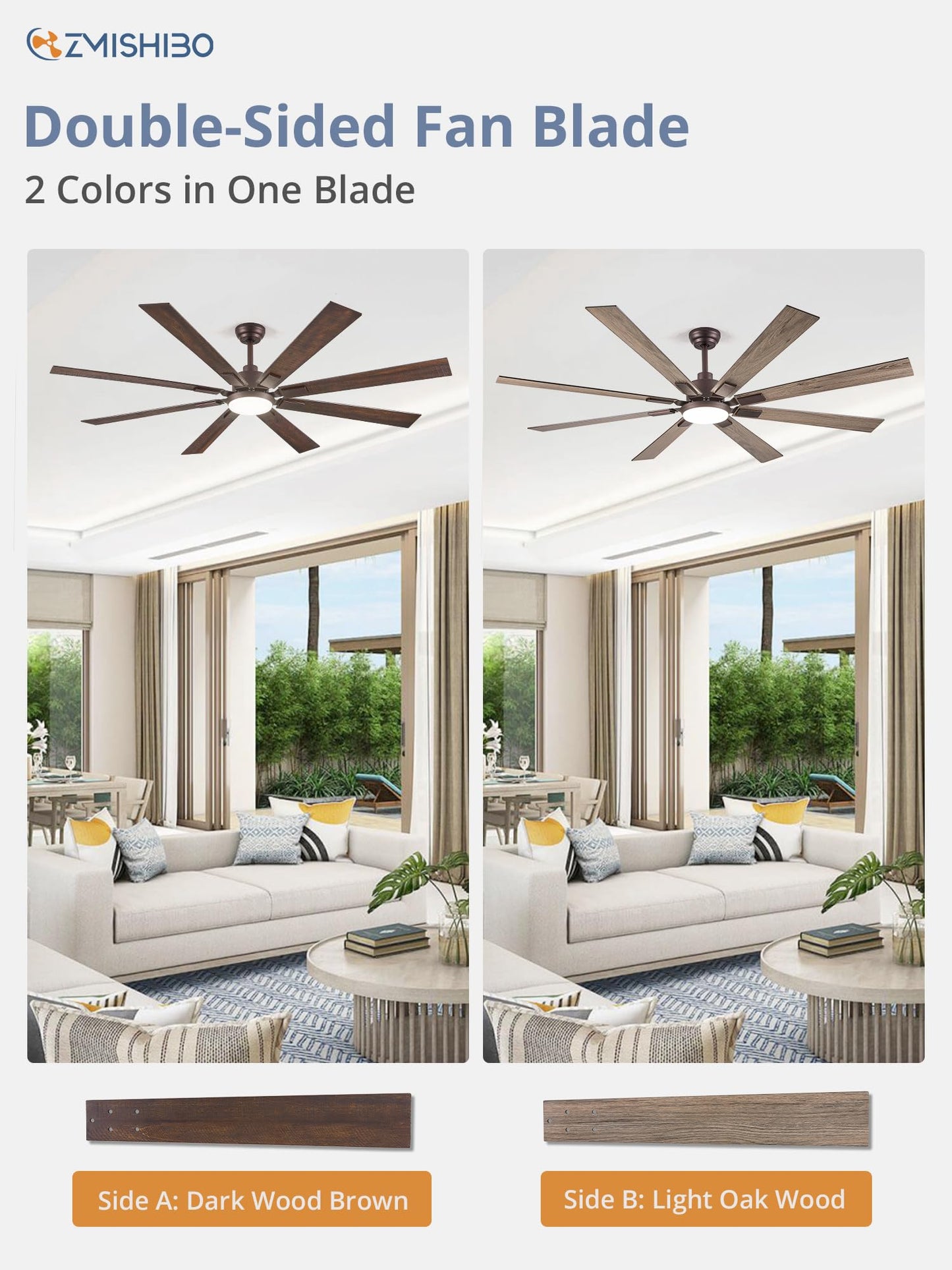 72 inch Large Ceiling Fans with Lights and Remote, Indoor/Outdoor Black Modern Ceiling Fan for Kitchen Living Room Patio, 6 Speed Reversible Quiet DC Motor, 3 CCT, Dual Finish 8 Blades