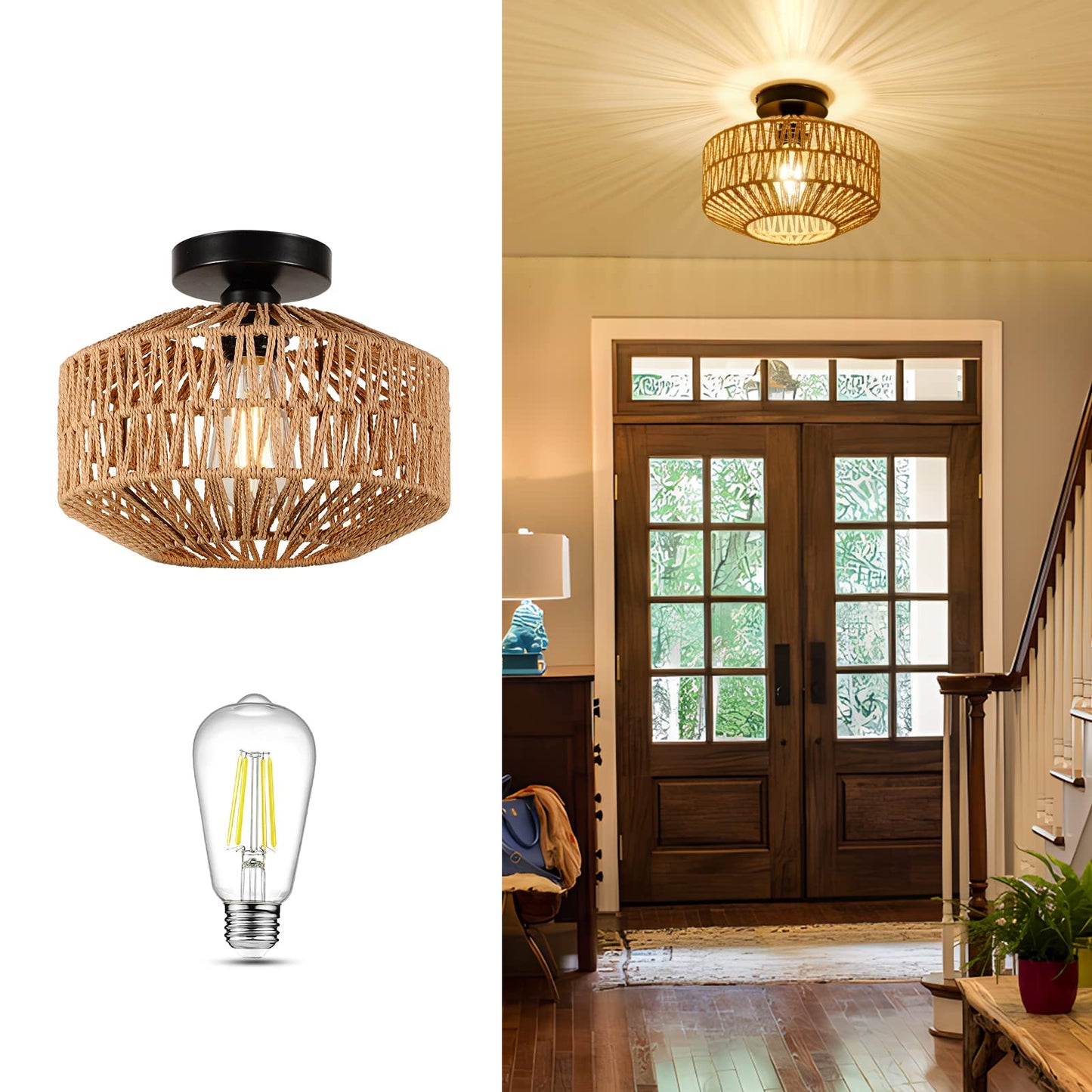 Light Fixtures Ceiling Mount,Mini Rattan Chandelier Light Fixture with Dimmable LED Bulb