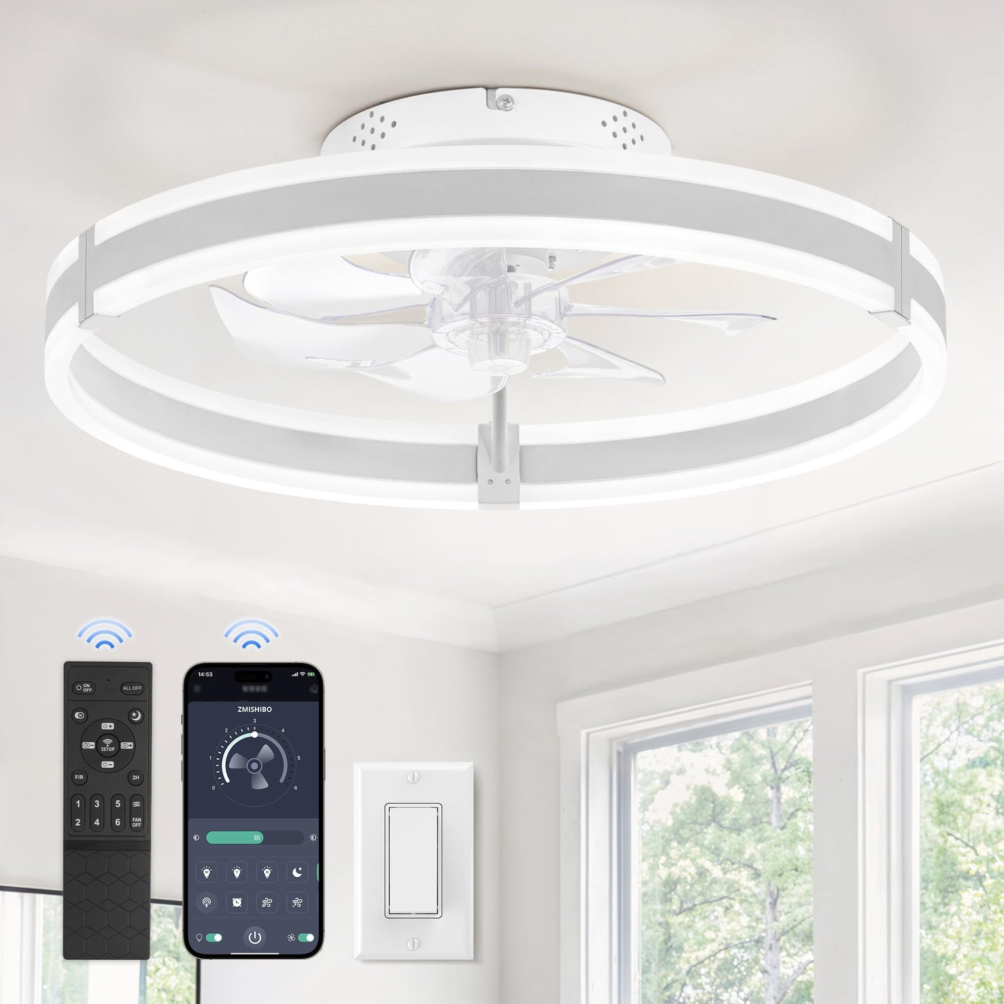 Ceiling Fans with Lights and Remote, 19.7'' Low Profile Ceiling Fans, 3000-6000K Dimmable Modern Flush Mount LED Fan Light, 6 Wind Speeds, Black Fandelier Ceiling Fans with Lights for Bedroom