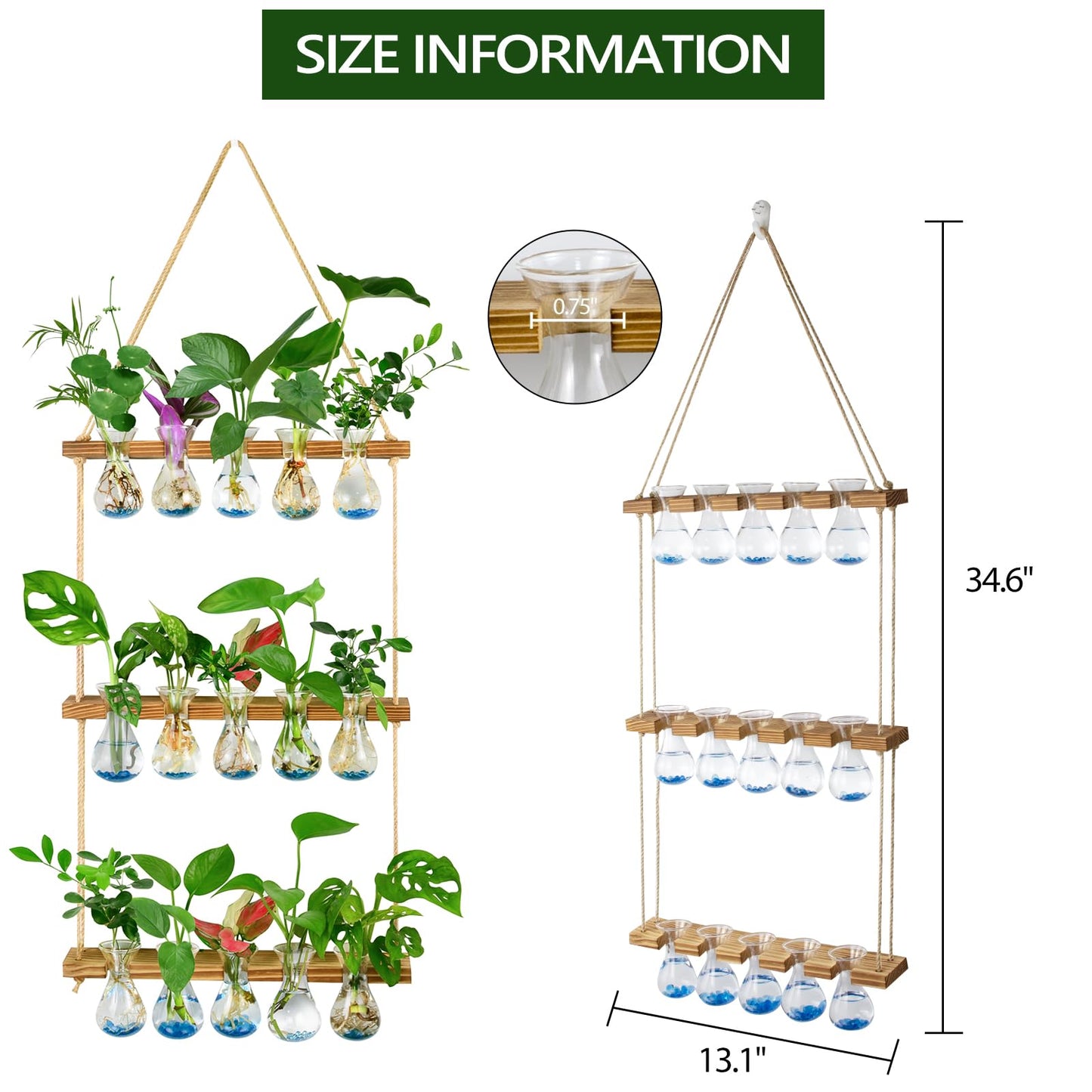 XXXFLOWER Wall Hanging Propagation Station with Wooden Stand 5 Bulb Vase 3 Tiered Planters Wall Terrarium+Flower Vases Accessories-3 Bulb Vase