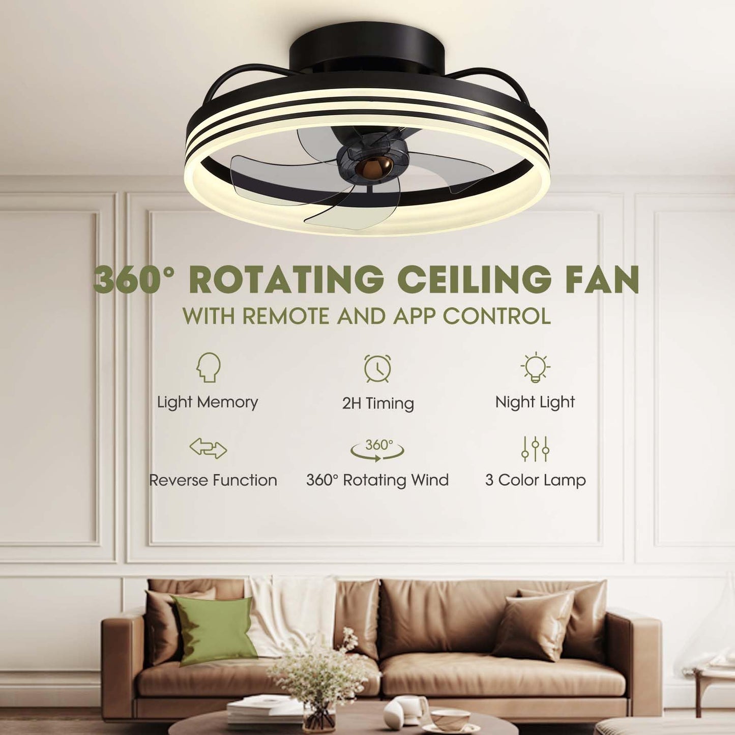 Flush Mount Ceiling Fan with Lights and Remote 20" (Black)