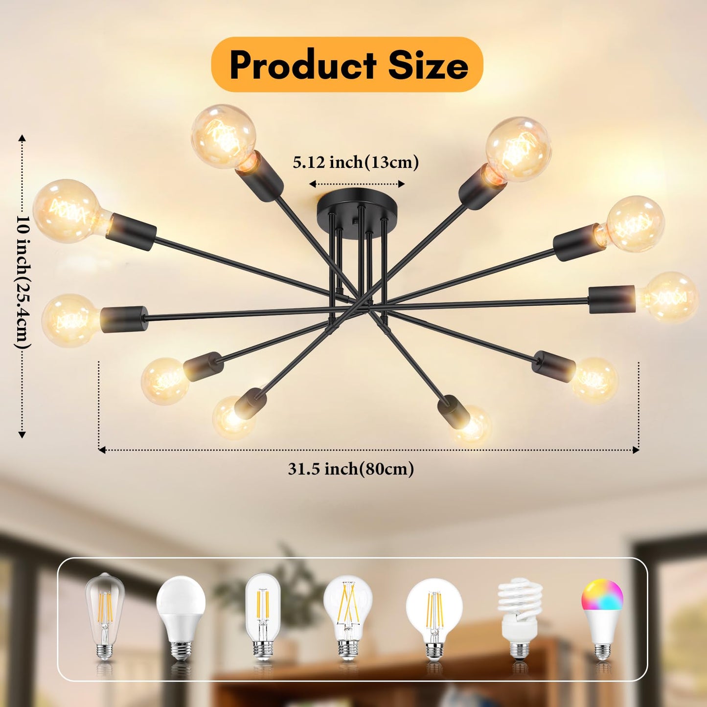 Modern Sputnik Chandelier 6-Light Industrial Ceiling Lights Fixture 22" Black Semi Flush Mount Ceiling Light with E26 Base Sputnik Lights Fixture for Dining Room Bedroom Foyer Hallway Living Room