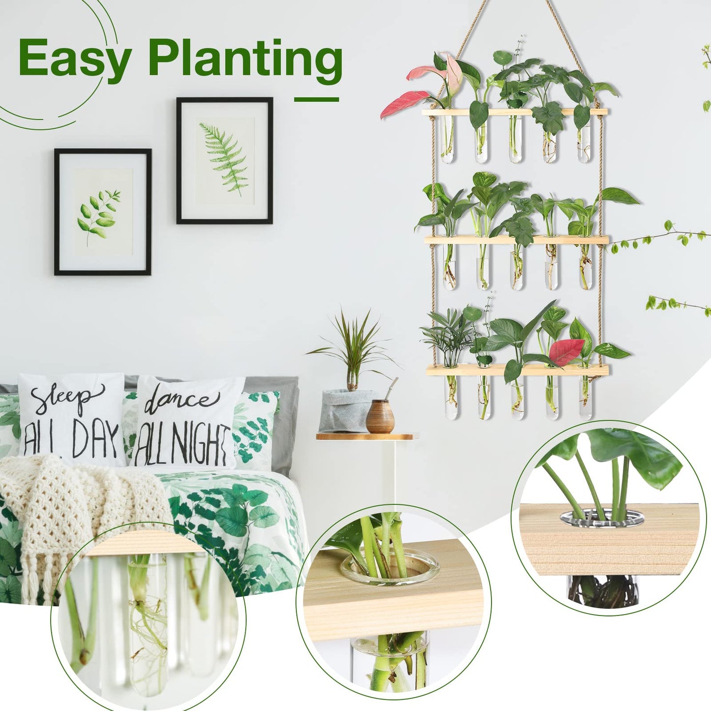 XXXFLOWER Wall Hanging Propagation Station with Wooden Stand Glass Test Tubes Tiered Planters Wall Terrarium for Home Office Plant Hanger Flower Vases Wall Decor Hydroponic Cuttings (9 Tube Vases)