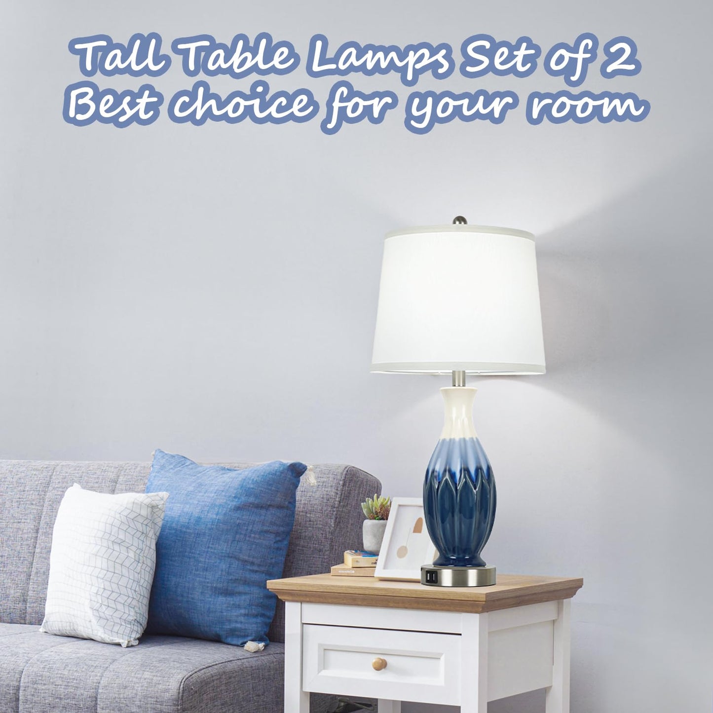 28” Tall Table Lamps Set of 2, Ceramic Bedside Lamps with USB Ports, Navy Blue Lamps for Nightstand, Coastal Lamp with White Fabric Shade, Table Lamp for Living Room, Large Bedroom Lamps for End Table