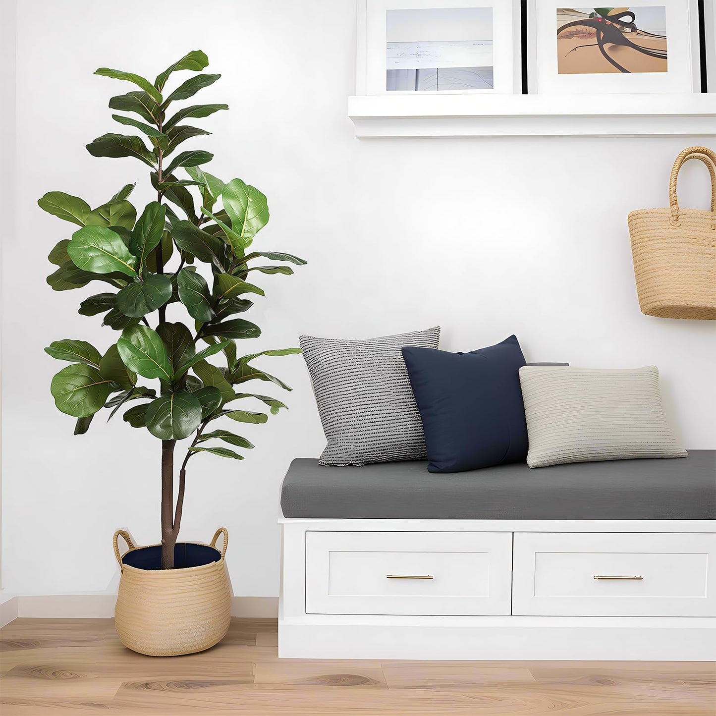 Fiddle Leaf Fig Tree Artificial 5FT, Fake Fig Leaf Tree with Plastic Pot for Home Office Living Room Tall Faux Plants Floor Decor Indoor