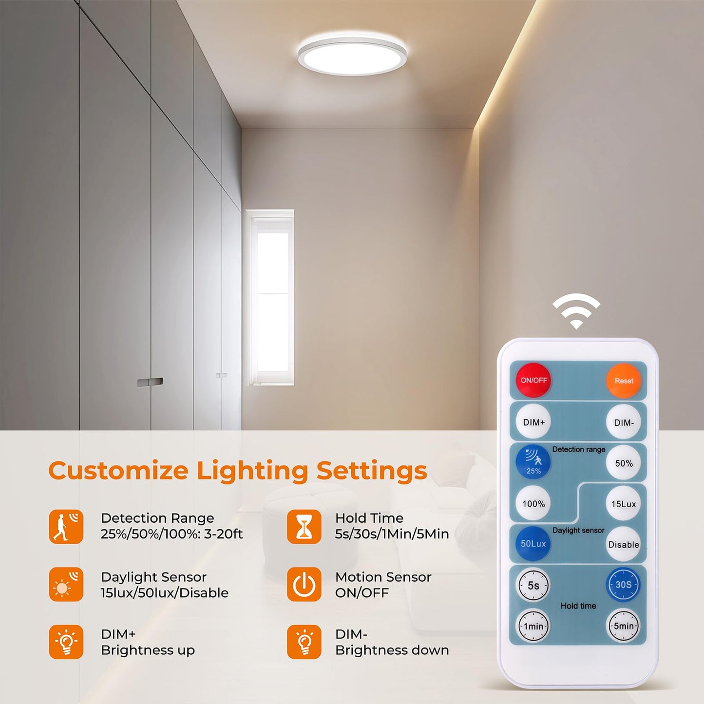 Matane Motion Sensor LED Ceiling Light with Remote, 12 Inch Wired Flush Mount Ceiling Light 3000K 4000K 5000K, 2400LM Dimmable Motion Sensor Light Indoor for Closet Hallway Laundry Stairs White