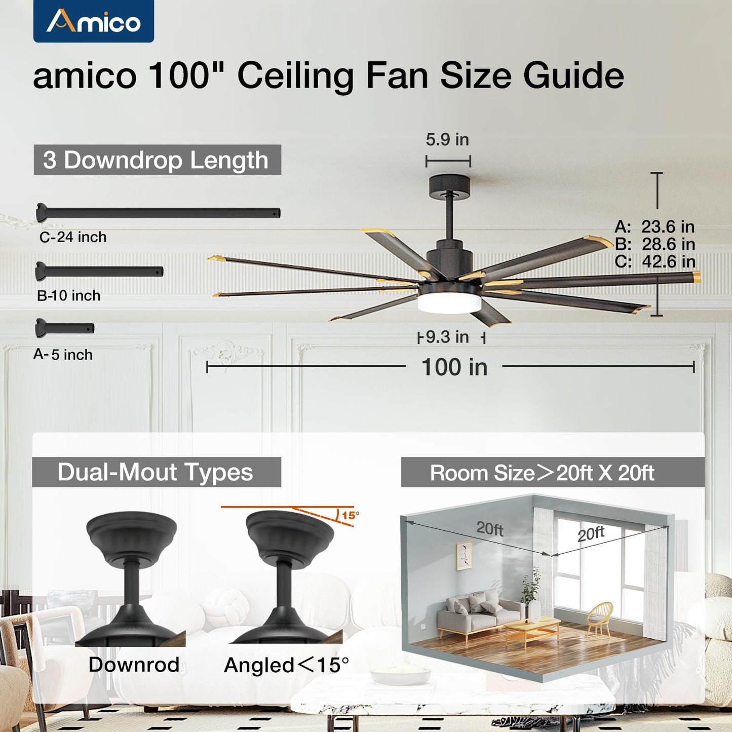 Amico 100 Inch Ceiling Fan with Light, Industrial Large Ceiling Fan with 8 Aluminum Reversible Blades, 6-Speed Remote Control, Quiet DC Motor, Indoor/Outdoor Ceiling Fan for Porch/Garage/Shop, Nickel