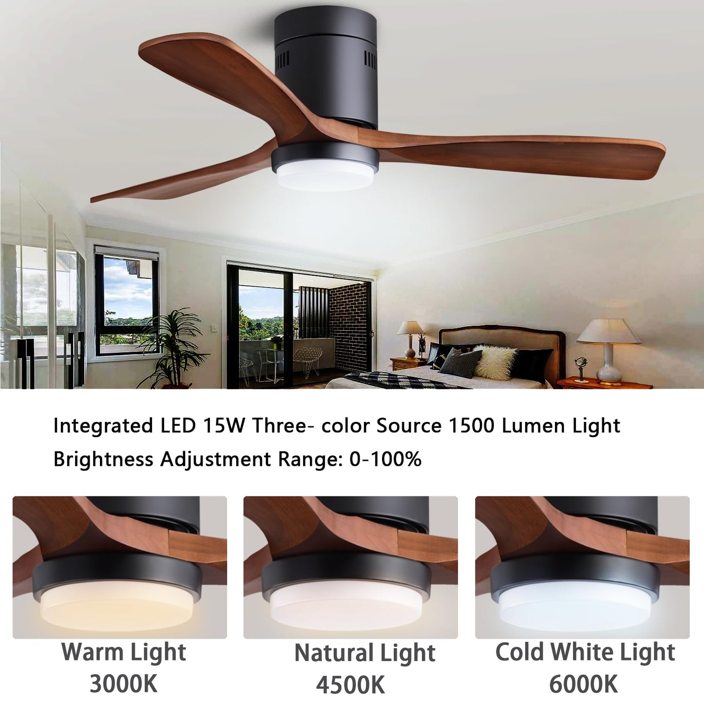 48" Recessed Wooden Ceiling Fan with Lights with Remote Control