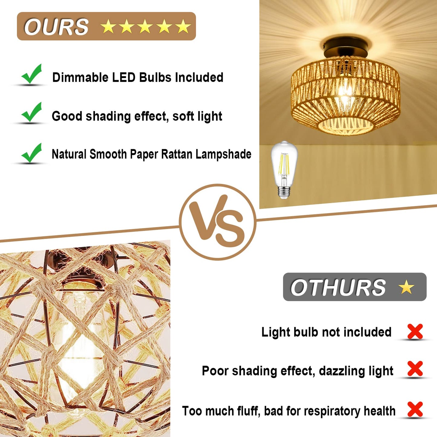 Light Fixtures Ceiling Mount,Mini Rattan Chandelier Light Fixture with Dimmable LED Bulb