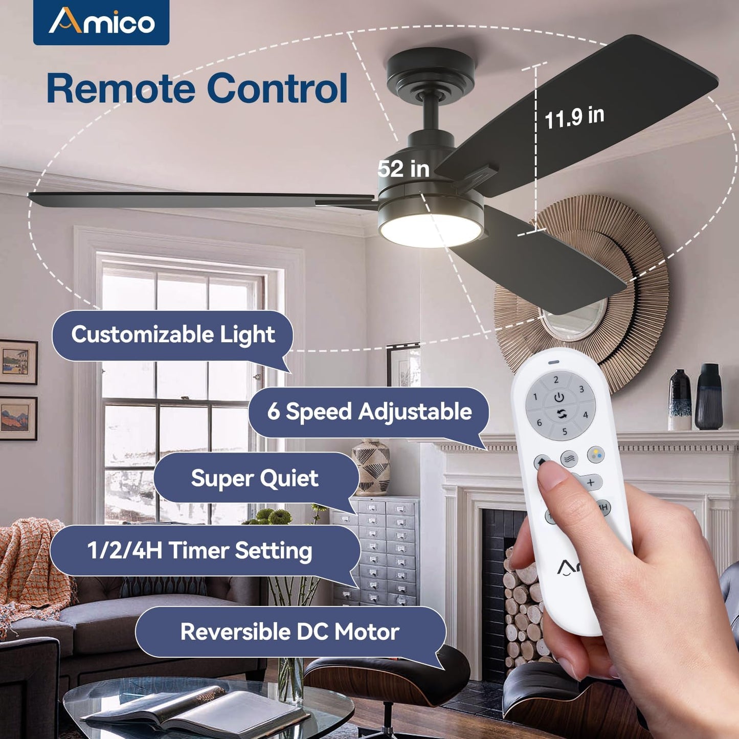 Amico Ceiling Fans with Lights, 44 inch Ceiling Fan with Light and Remote Control, Reversible, 3CCT, Dimmable, Noiseless, Small Black Ceiling Fan for Bedroom, Indoor/Outdoor Use