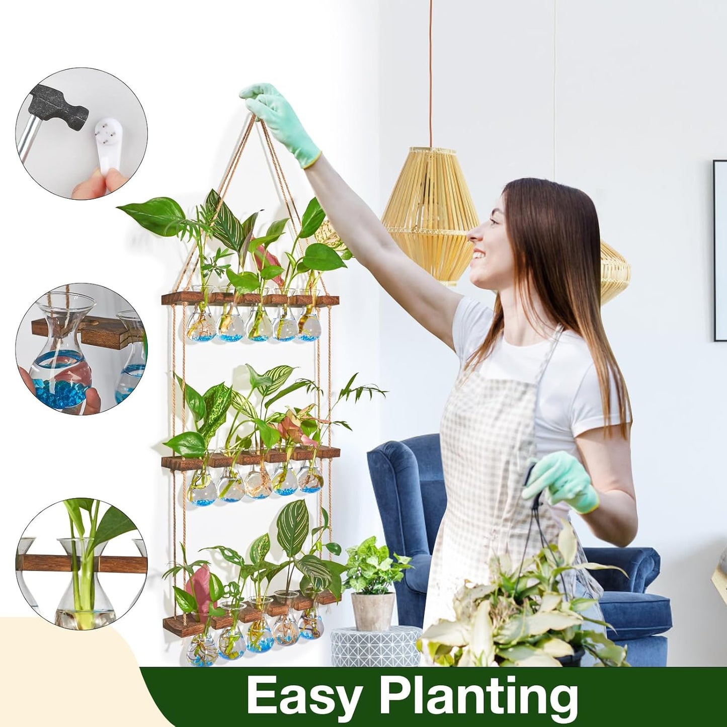 XXXFLOWER Wall Hanging Propagation Station with Wooden Stand 5 Bulb Vase 3 Tiered Planters+Flower Vases Accessories-3 Bulb Vase