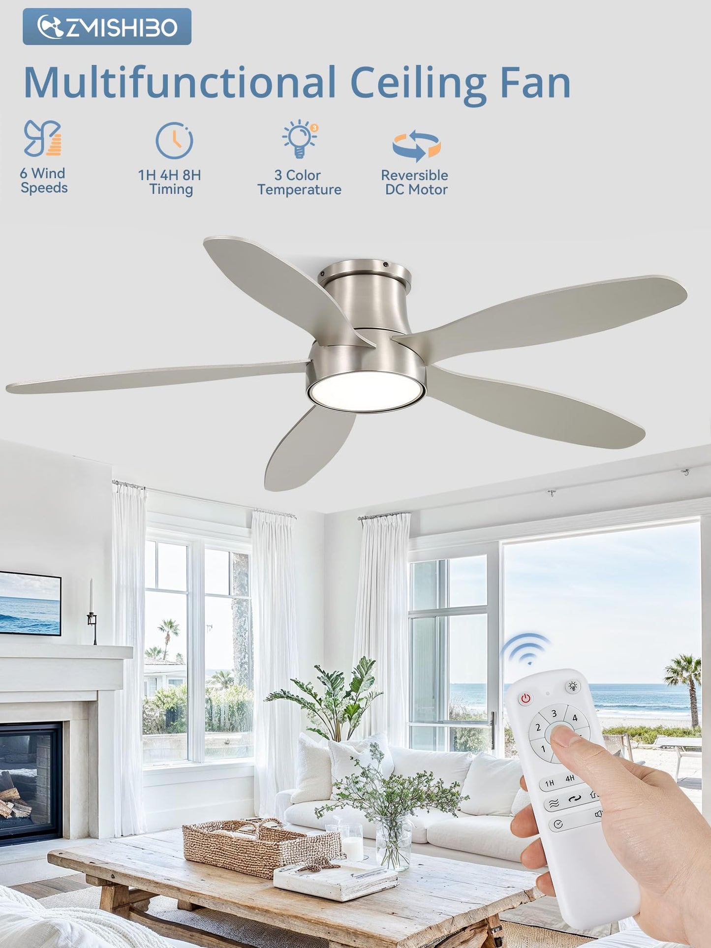 52 Inch Ceiling Fans with Lights, Flush Mount Low Profile Ceiling Fan with Remote, Reversible, 3CCT, Noiseless, LED Ceiling Fan Lighting Fixture for Bedroom, Kitchen, Indoor-Black