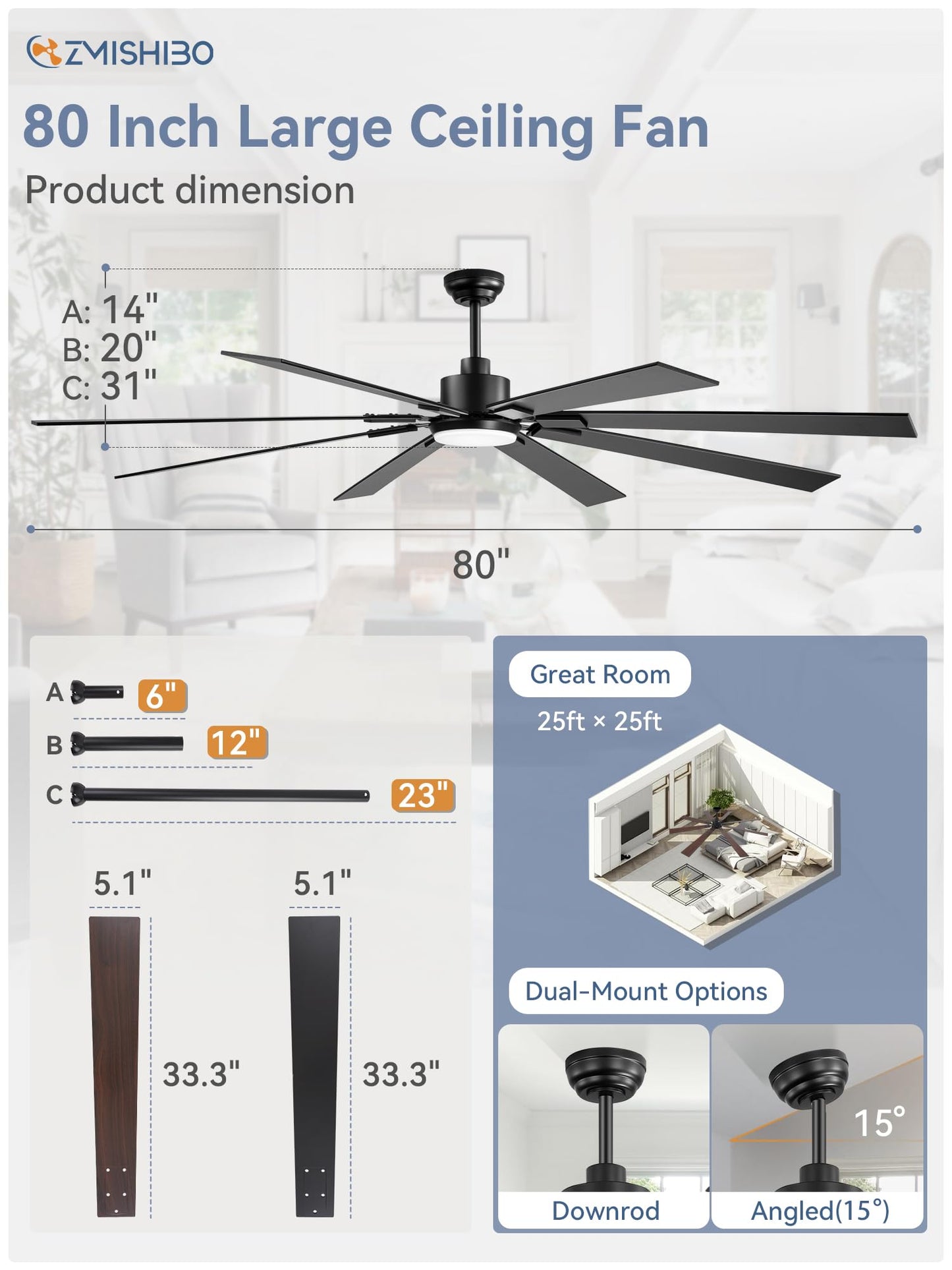 72 inch Large Ceiling Fans with Lights and Remote, Indoor/Outdoor Black Modern Ceiling Fan for Kitchen Living Room Patio, 6 Speed Reversible Quiet DC Motor, 3 CCT, Dual Finish 8 Blades