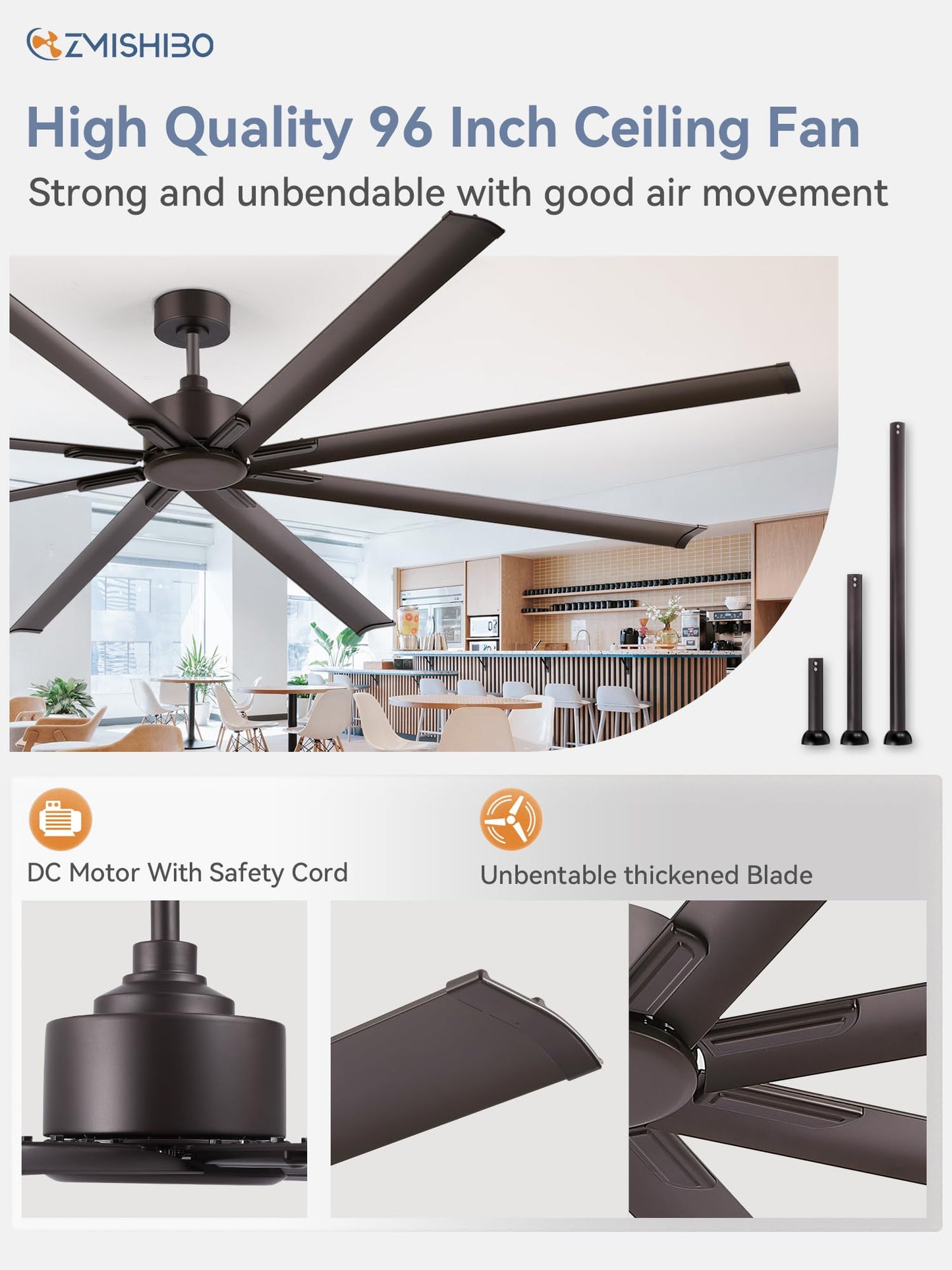 96 Inch Industrial DC Motor Ceiling Fan, Large Ceiling Fan with 8 Reversible Blades, 3 Downrods, 6-Speed Remote Control, Home or Commercial Ceiling Fans for Porch/Garage/Shop, Black