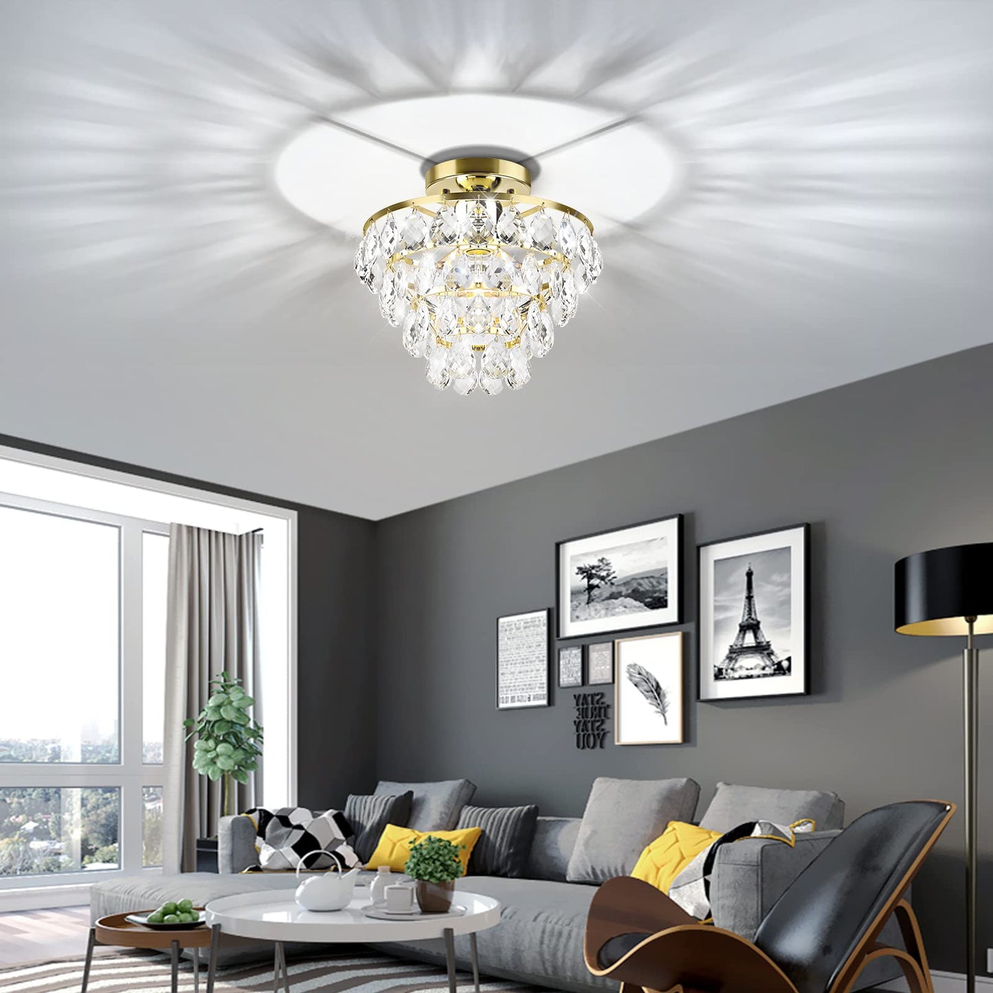 Modern Crystal Ceiling Light - Black Semi Flush Mount Small Chandelier with E26 Base Farmhouse Lighting Fixture for Bedroom Bathroom Closet Living Room Hallway Entryway Kitchen