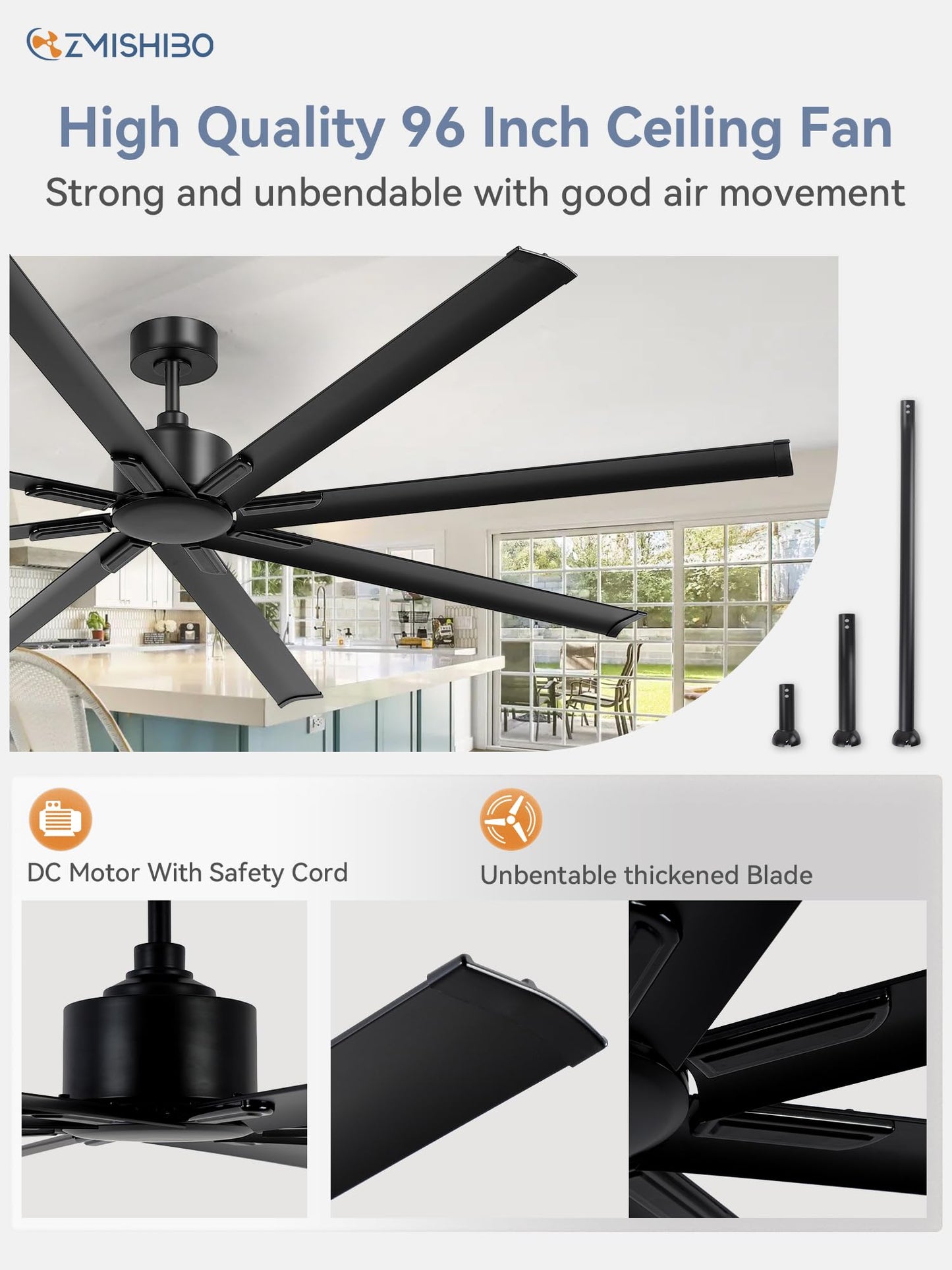 96 Inch Industrial DC Motor Ceiling Fan, Large Ceiling Fan with 8 Reversible Blades, 3 Downrods, 6-Speed Remote Control, Home or Commercial Ceiling Fans for Porch/Garage/Shop, Black