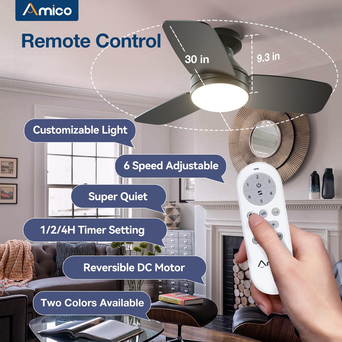 Amico Ceiling Fans with Lights, 42 inch Low Profile Ceiling Fan with Light and Remote Control, Flush Mount, Reversible, 3CCT, Dimmable, Noiseless, Black Ceiling Fan for Bedroom, Indoor/Outdoor Use