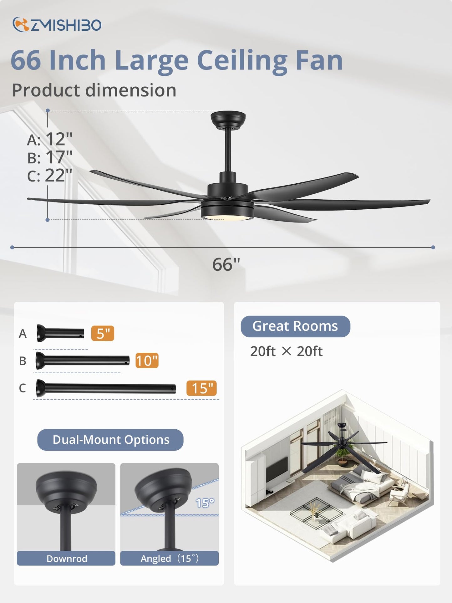 66 inch Large LED Ceiling Fans with Lights and Remote, Indoor/Outdoor Noiseless DC Motor Modern Black Ceiling Fan for Patio Living Room, 3 CCT, 6 Speed Reversible, 6 Blades