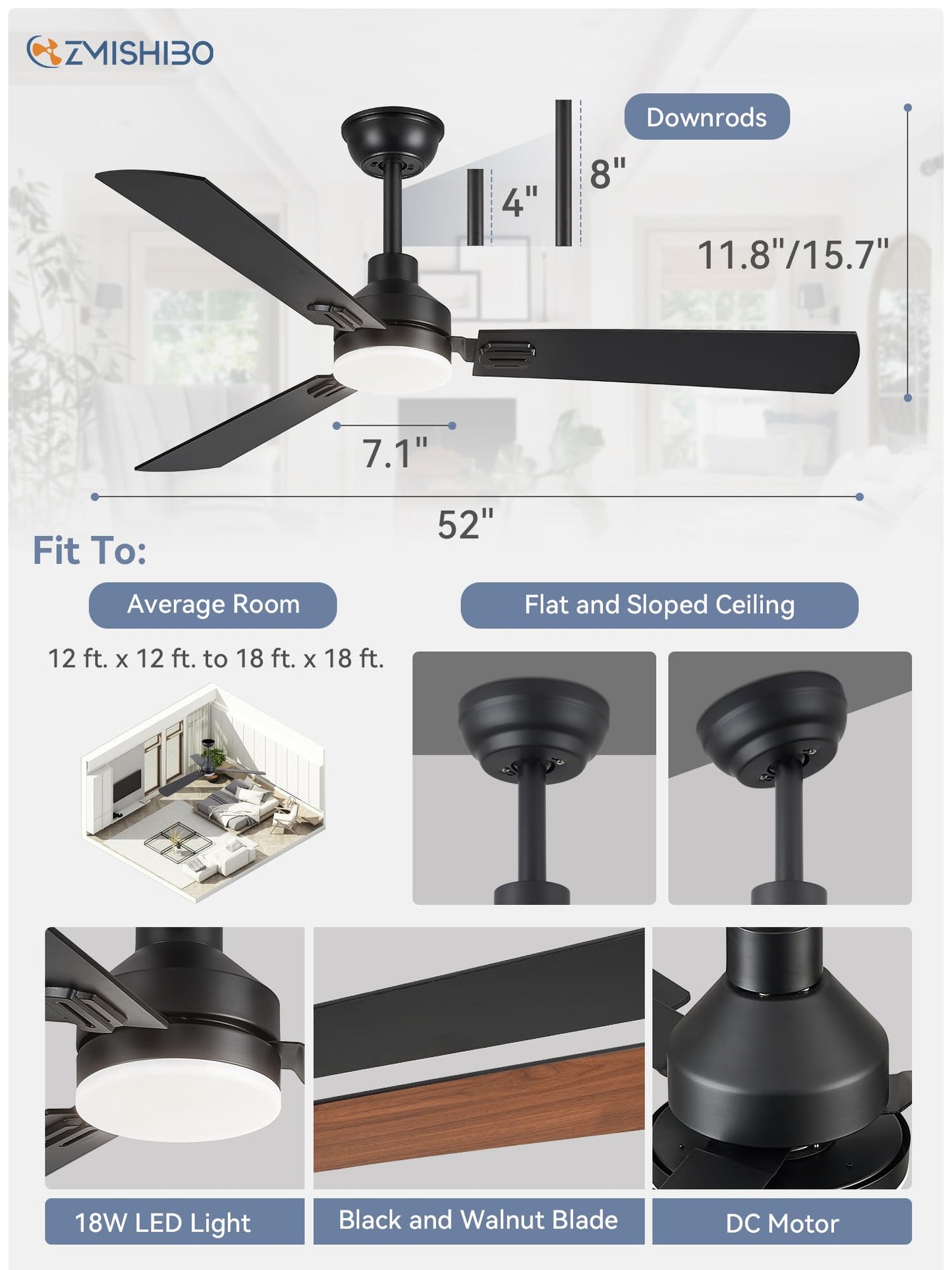 52 Inch Ceiling Fan with Light, 3 Blade LED Ceiling Fans with Remote, Quiet Reversible DC Motor, Dual Finish Blades, Farmhouse Ceiling Fans for Indoor&Outdoor, Bedroom, Kitchen