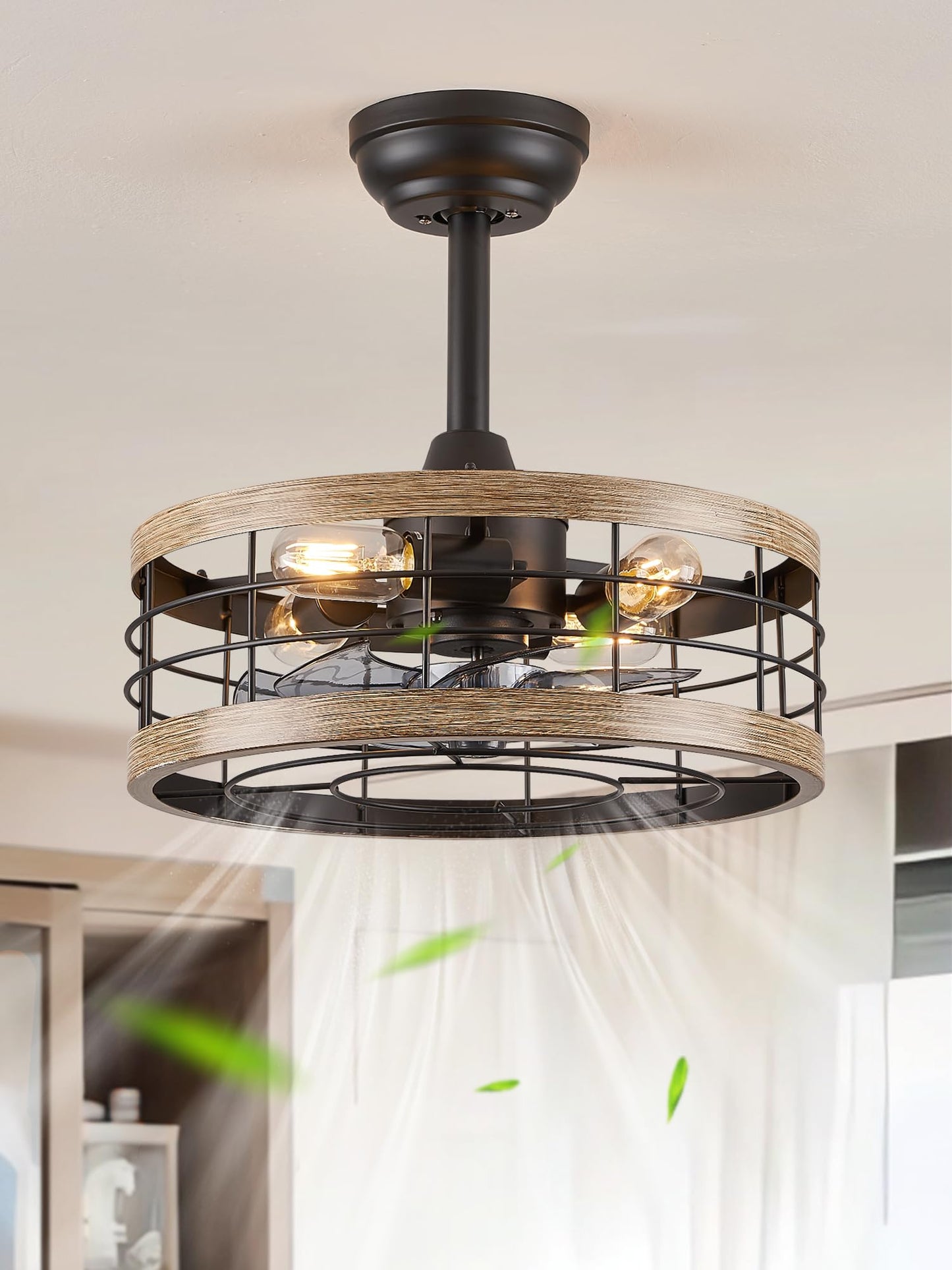 16.5 inch Black Caged Ceiling Fan with Light (6 Speed, Timing）