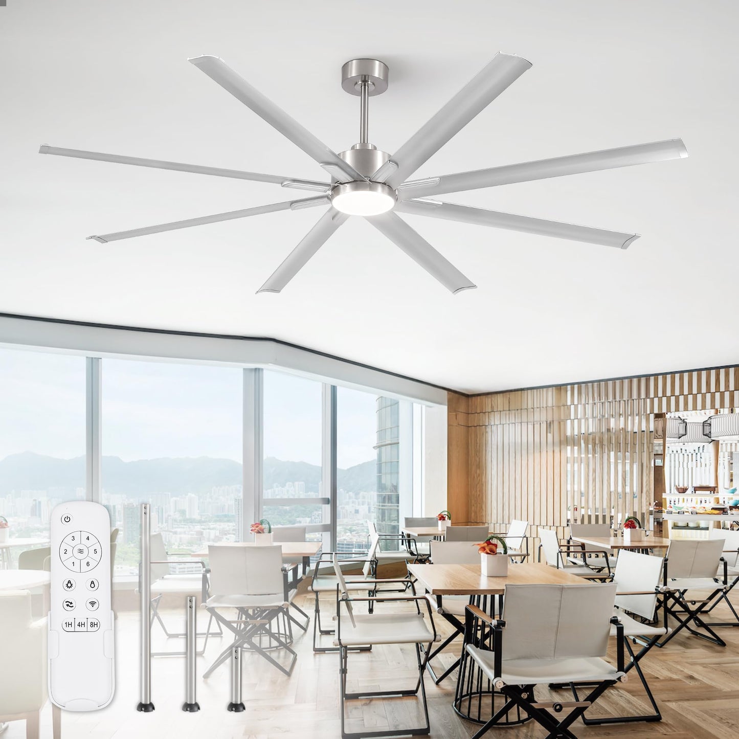 84" Industrial Ceiling Fans with Lights, Large Ceiling Fan with 3CCT, 8 Reverisble Aluminum Blades, Quiet DC Motor, 6-Speed Remote, Indoor/Outdoor Ceiling Fans for Patios/Garage/Porch, Black