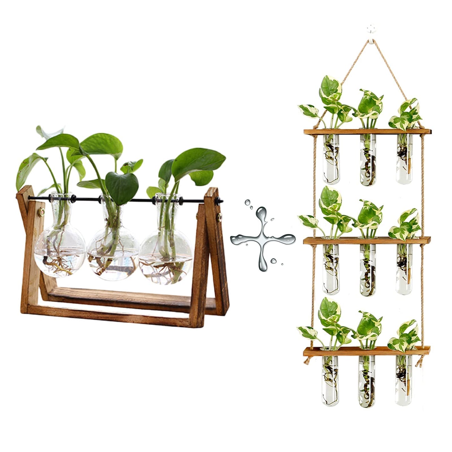 XXXFLOWER Plant Terrarium Propagation Station with Wooden Stand, Air Planter Glass Vase Home Indoor Office Decoration - 3 Bulb Vase + Test Tubes 3 Tiered