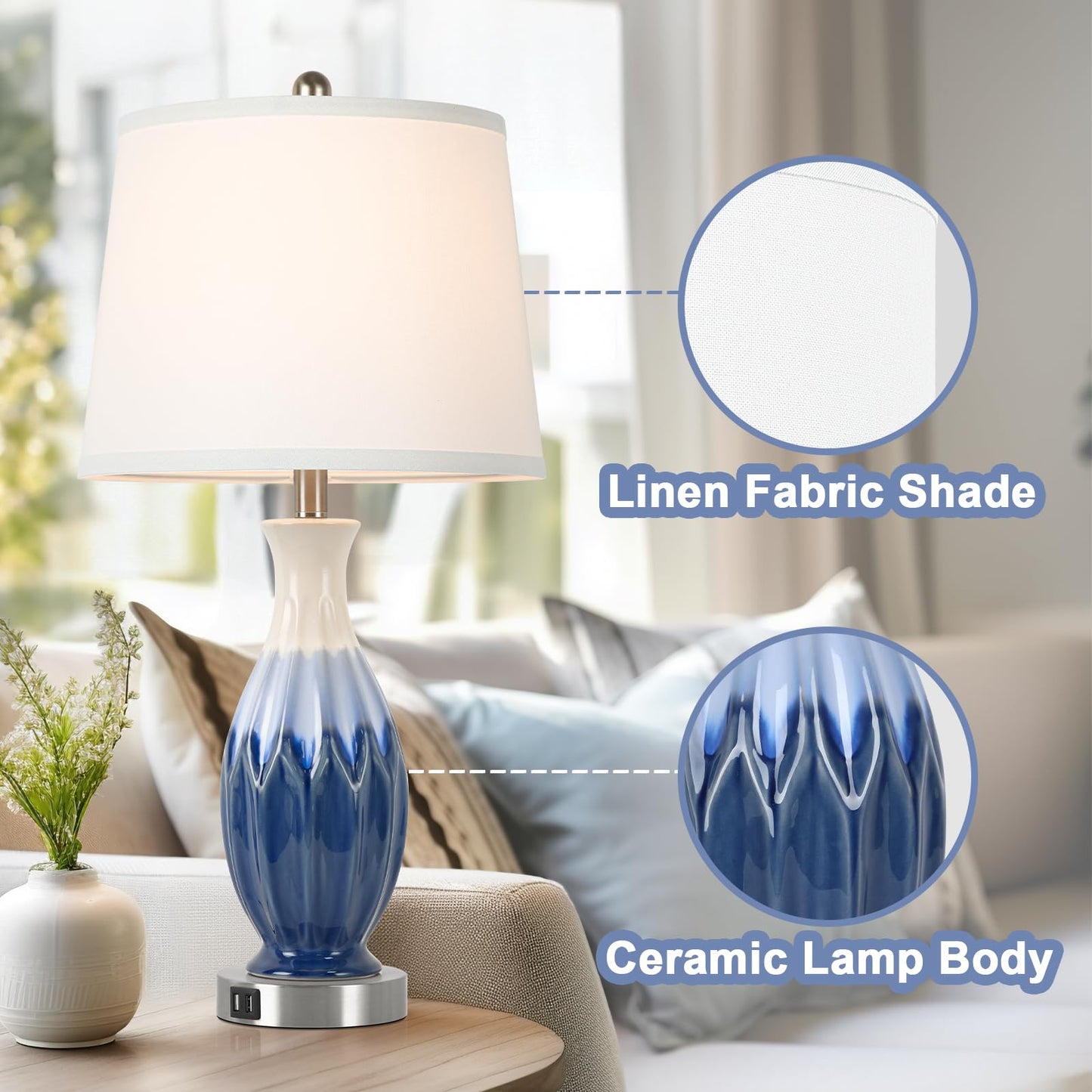 28” Tall Table Lamps Set of 2, Ceramic Bedside Lamps with USB Ports, Navy Blue Lamps for Nightstand, Coastal Lamp with White Fabric Shade, Table Lamp for Living Room, Large Bedroom Lamps for End Table