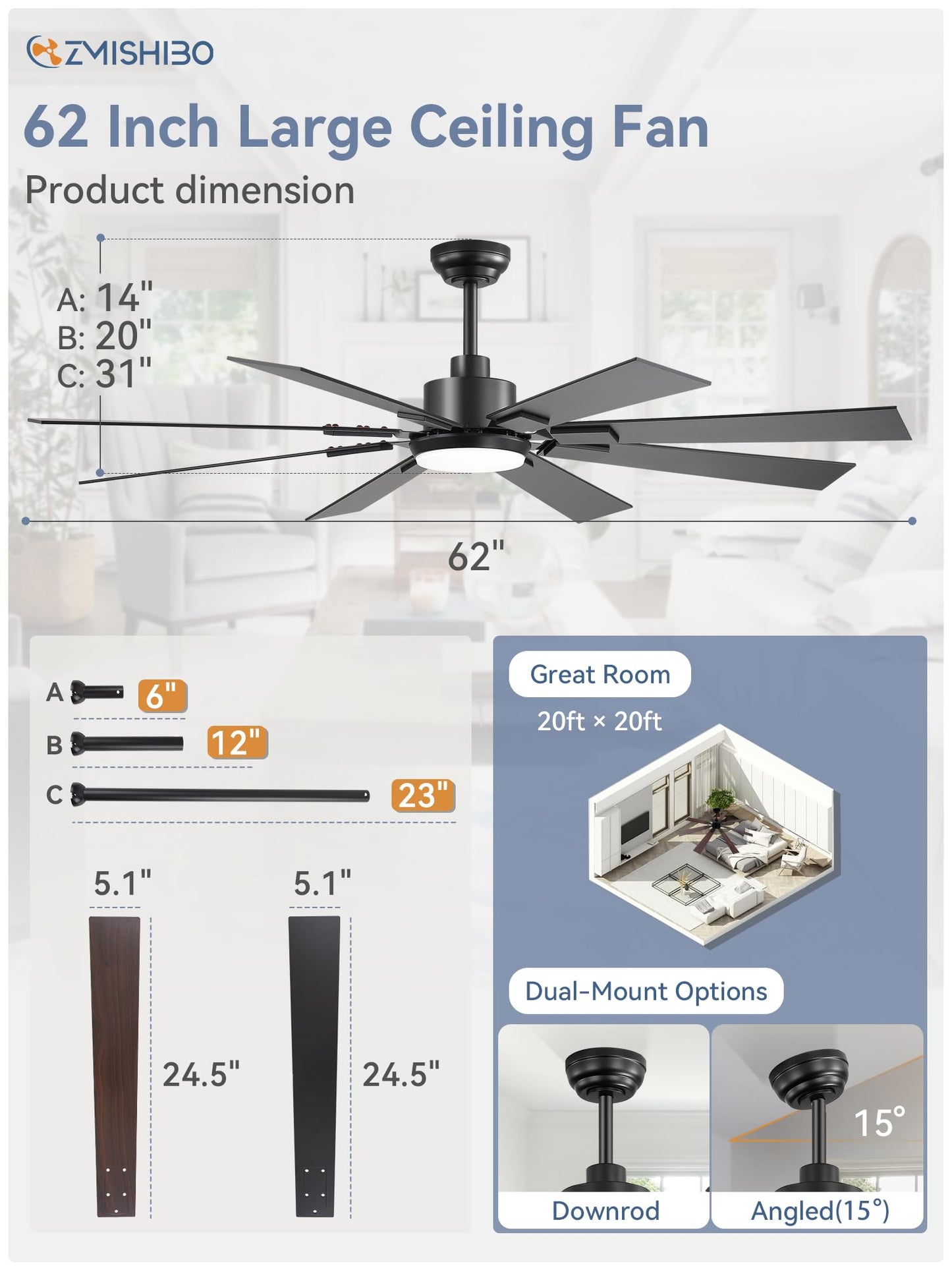 72 inch Large Ceiling Fans with Lights and Remote, Indoor/Outdoor Black Modern Ceiling Fan for Kitchen Living Room Patio, 6 Speed Reversible Quiet DC Motor, 3 CCT, Dual Finish 8 Blades