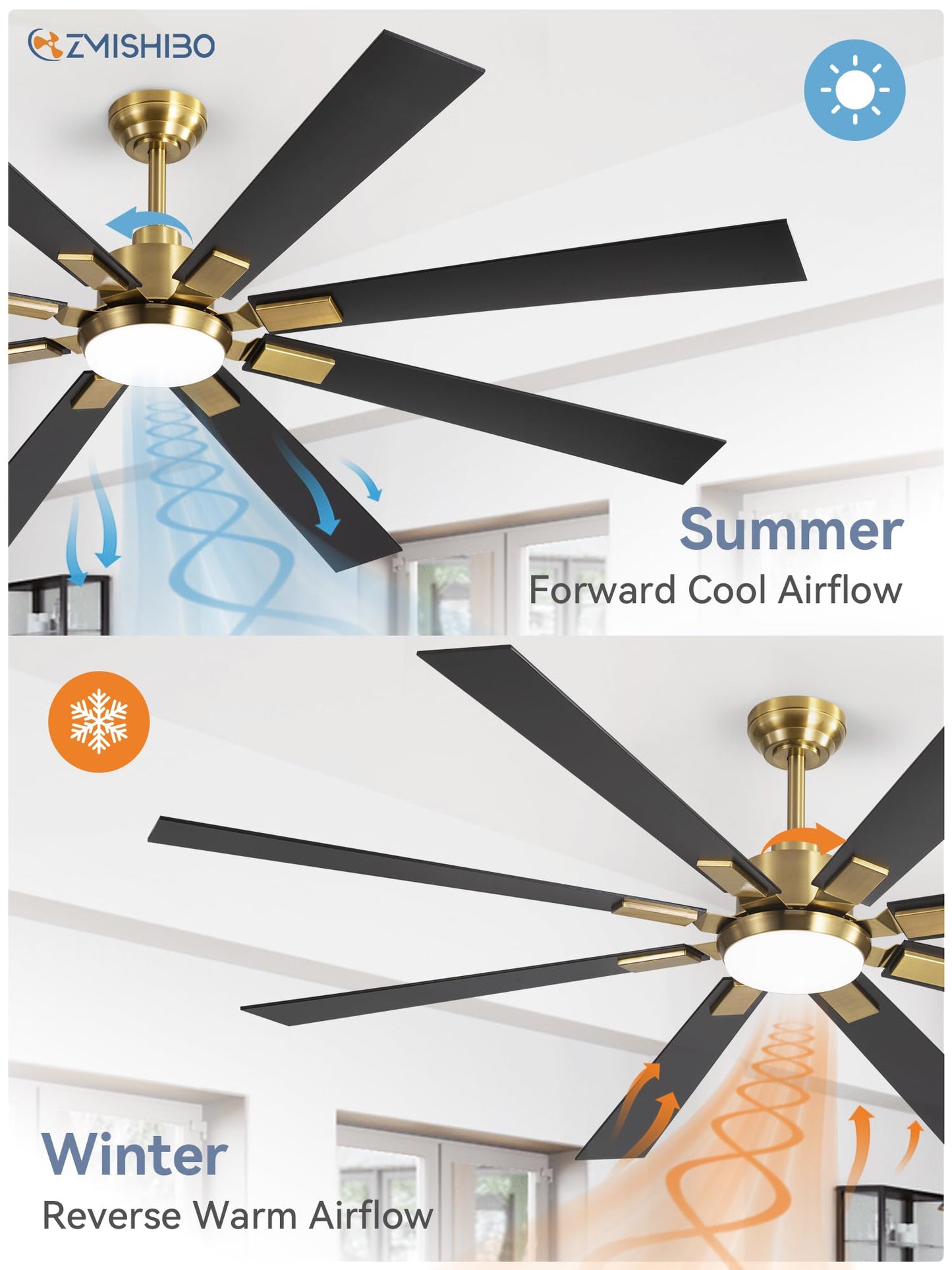 72 inch Large Ceiling Fans with Lights and Remote, Indoor/Outdoor Black Modern Ceiling Fan for Kitchen Living Room Patio, 6 Speed Reversible Quiet DC Motor, 3 CCT, Dual Finish 8 Blades