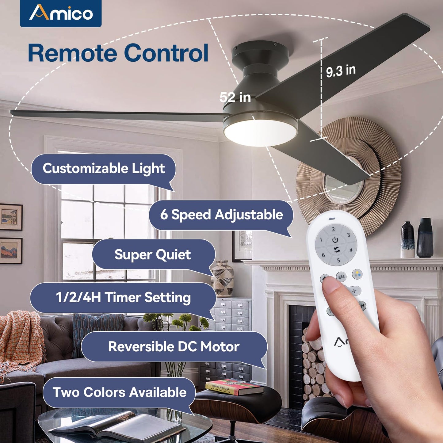 Amico Ceiling Fans with Lights, 42 inch Low Profile Ceiling Fan with Light and Remote Control, Flush Mount, Reversible, 3CCT, Dimmable, Noiseless, Black Ceiling Fan for Bedroom, Indoor/Outdoor Use