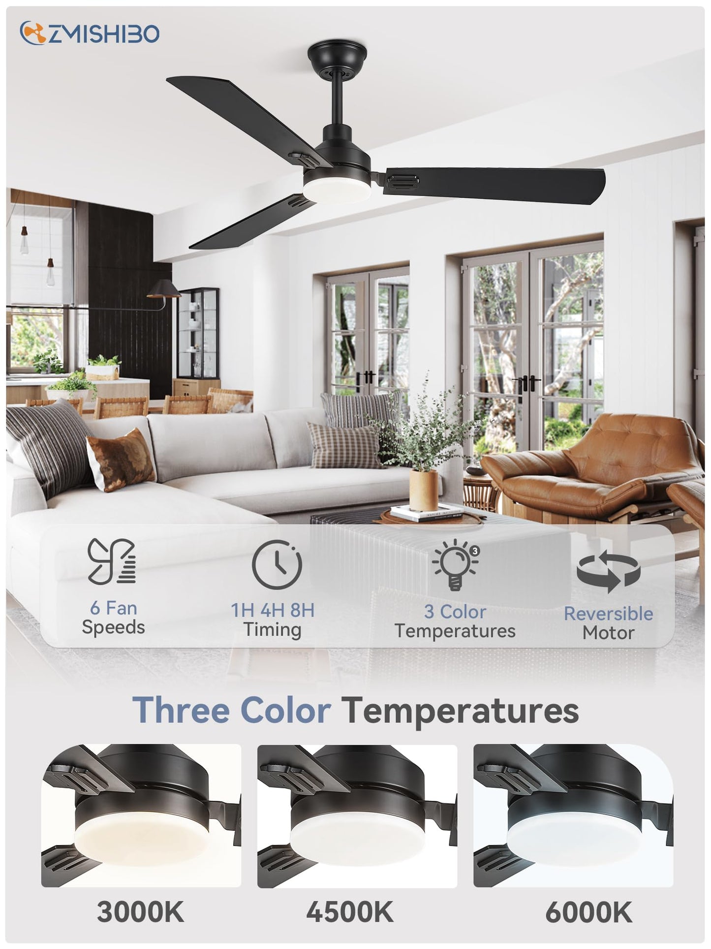 52 Inch Ceiling Fan with Light, 3 Blade LED Ceiling Fans with Remote, Quiet Reversible DC Motor, Dual Finish Blades, Farmhouse Ceiling Fans for Indoor&Outdoor, Bedroom, Kitchen