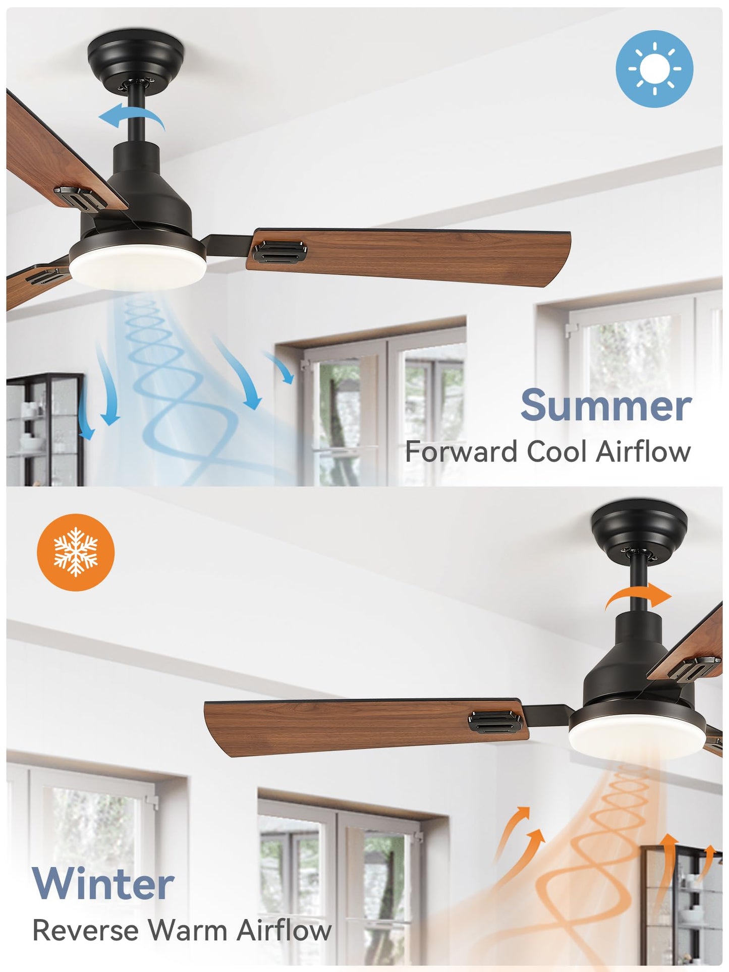 52 Inch Ceiling Fan with Light, 3 Blade LED Ceiling Fans with Remote, Quiet Reversible DC Motor, Dual Finish Blades, Farmhouse Ceiling Fans for Indoor&Outdoor, Bedroom, Kitchen