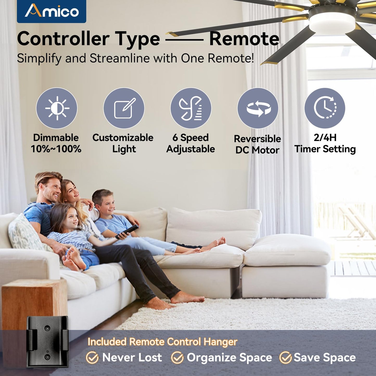 Amico 100 Inch Ceiling Fan with Light, Industrial Large Ceiling Fan with 8 Aluminum Reversible Blades, 6-Speed Remote Control, Quiet DC Motor, Indoor/Outdoor Ceiling Fan for Porch/Garage/Shop, Nickel