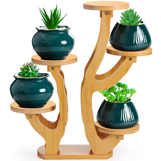 XXXFLOWER 5 Tiered Plant Stand Bamboo Mini Succulent Windowsill Shelf for Desk Tabletop Living Room Balcony Outdoor Patio Garden