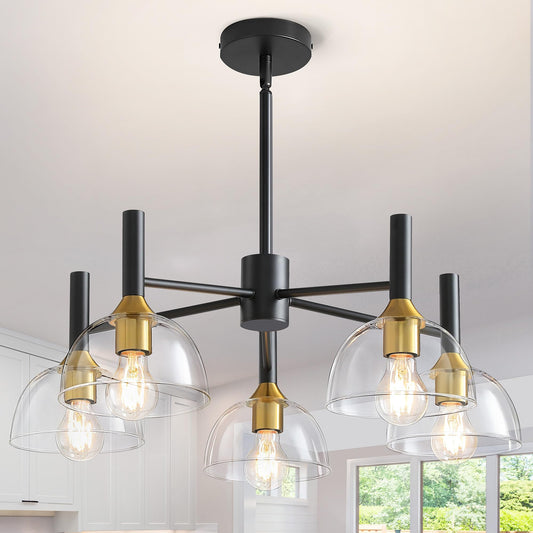 Dining Room Chandeliers Light - 5-Light Black and Gold Modern Chandeliers Light Fixtures with Sturdy Clear Glass Lampshades, Height Adjustable Pendant Island Light for Living Room Farmhouse