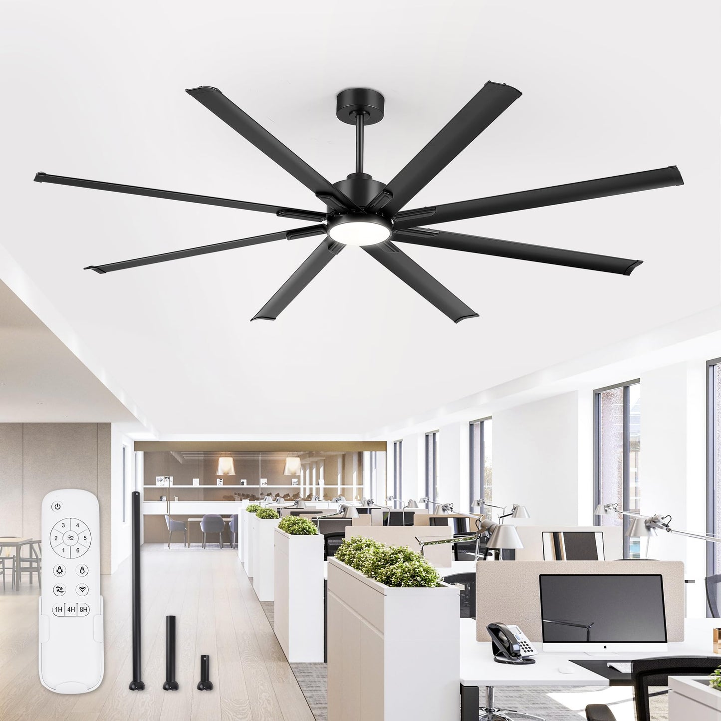 84" Industrial Ceiling Fans with Lights, Large Ceiling Fan with 3CCT, 8 Reverisble Aluminum Blades, Quiet DC Motor, 6-Speed Remote, Indoor/Outdoor Ceiling Fans for Patios/Garage/Porch, Black