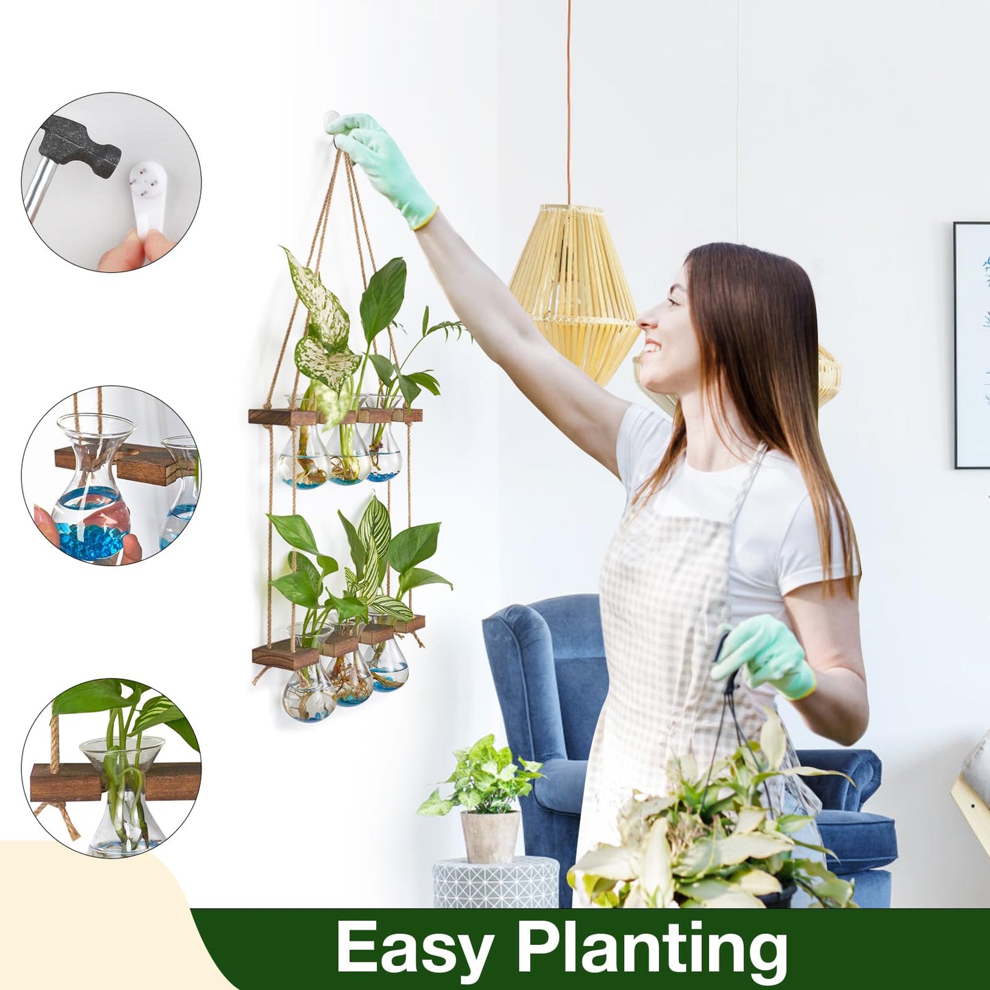 XXXFLOWER Wall Hanging Propagation Station with Wooden Stand 3 Bulb Vase 2 Tiered Planters+Flower Vases Accessories-2 Bulb Vase