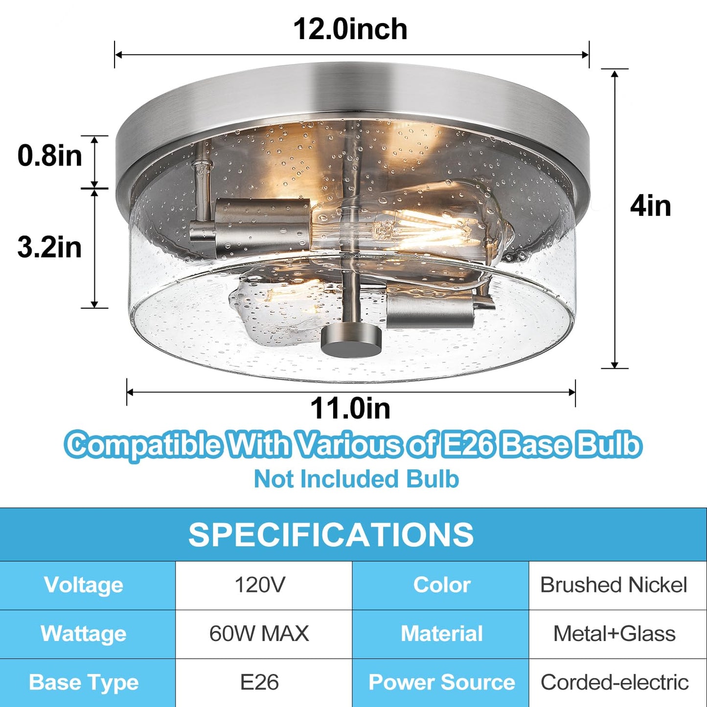 Black Flush Mount Ceiling Light Fixtures, 2-Light Ceiling Mount for Farmhouse with Seeded Glass Lampshade, Industrial Flush Mount Light Fixture Farmhouse for Hallway, Kitchen, Entryway and Foyer