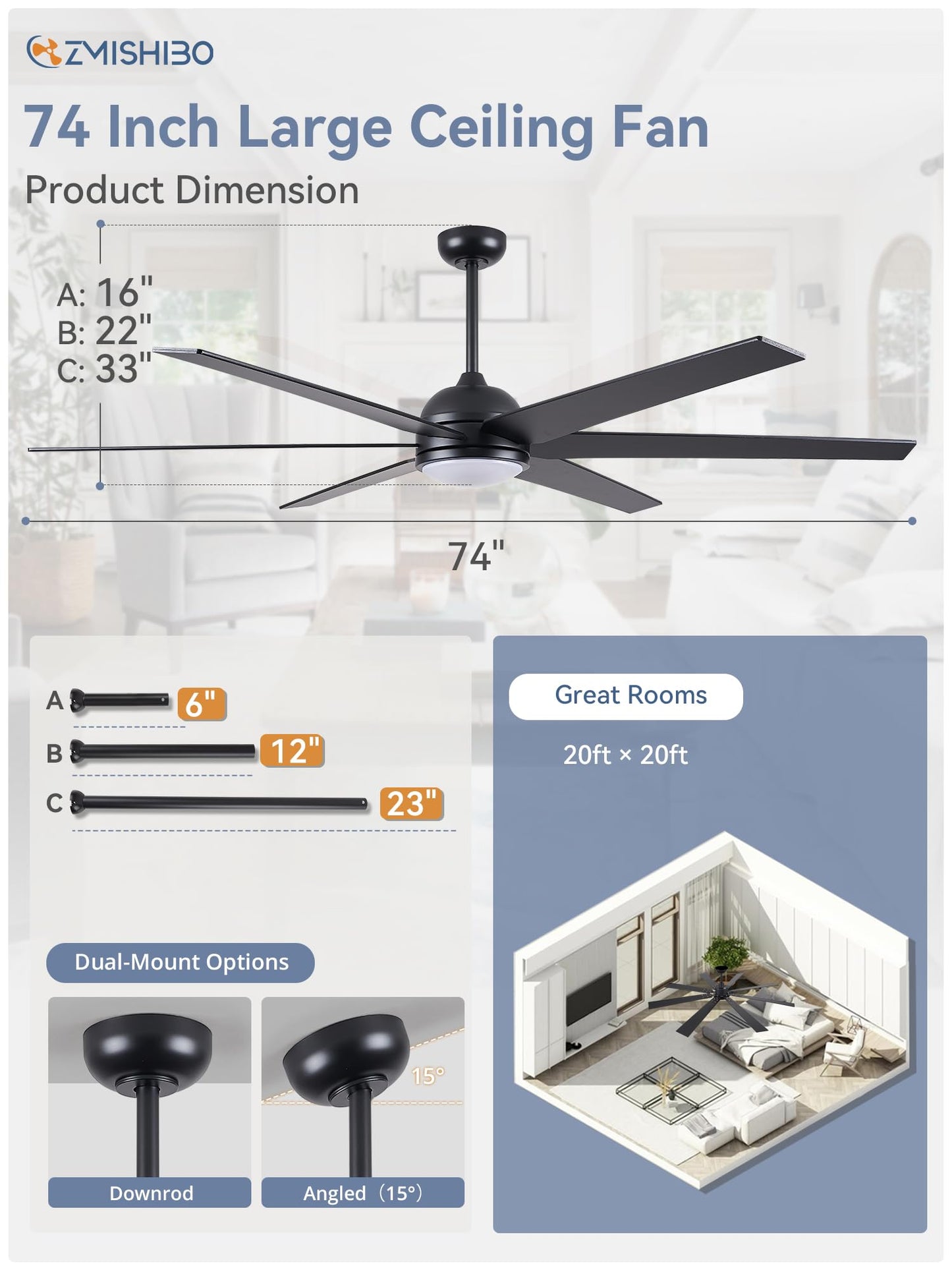 74 Inch Ceiling Fans with Lights and Remote Control, Quiet Reversible DC Motor, 6-Speed, Outdoor Ceiling Fan for Living Room Patio, Black Walnut Finish