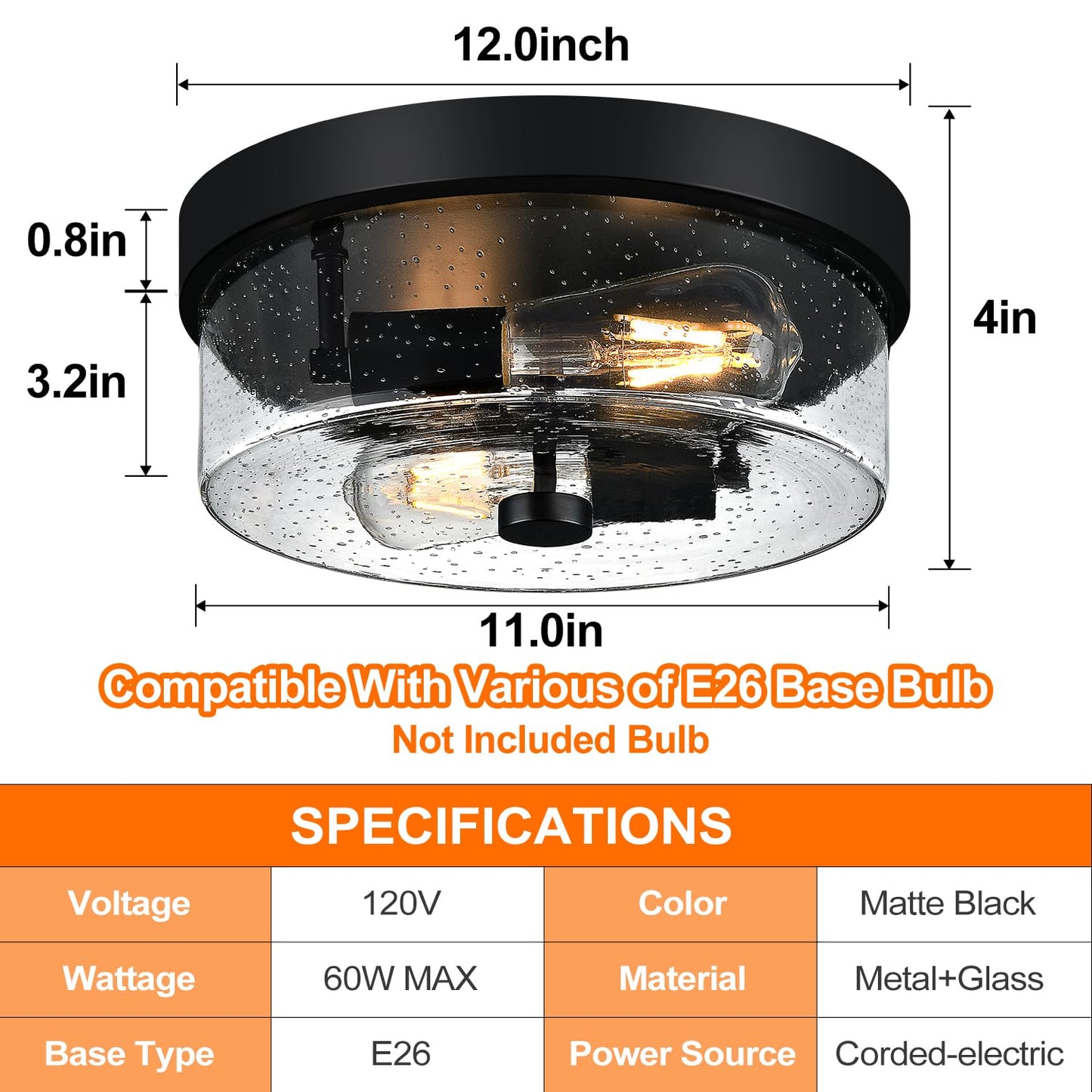 Black Flush Mount Ceiling Light Fixtures, 2-Light Ceiling Mount for Farmhouse with Seeded Glass Lampshade, Industrial Flush Mount Light Fixture Farmhouse for Hallway, Kitchen, Entryway and Foyer