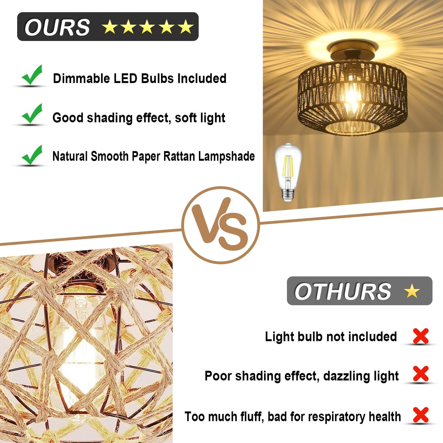 Light Fixtures Ceiling Mount,Mini Rattan Chandelier Light Fixture with Dimmable LED Bulb