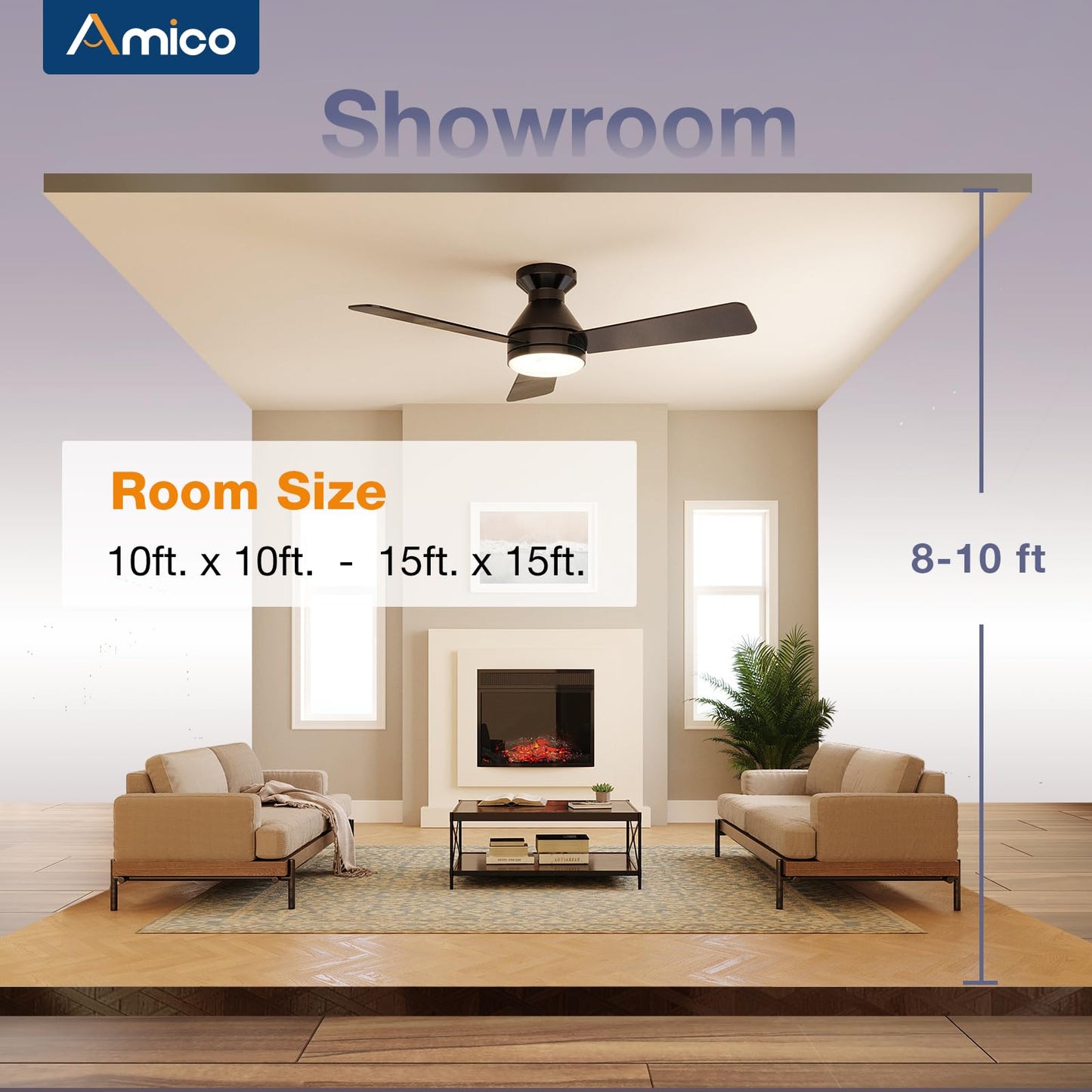 Amico Ceiling Fans with Lights, 42 inch Low Profile Ceiling Fan with Light and Remote Control, Flush Mount, Reversible, 3CCT, Dimmable, Noiseless, Black Ceiling Fan for Bedroom, Indoor/Outdoor Use