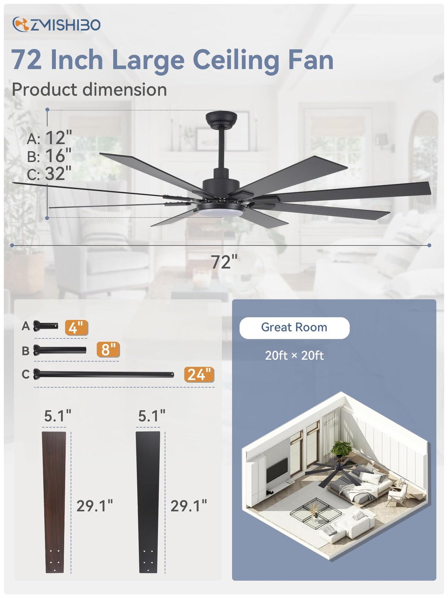 72 inch Large Ceiling Fans with Lights and Remote, Indoor/Outdoor Black Modern Ceiling Fan for Kitchen Living Room Patio, 6 Speed Reversible Quiet DC Motor, 3 CCT, Dual Finish 8 Blades