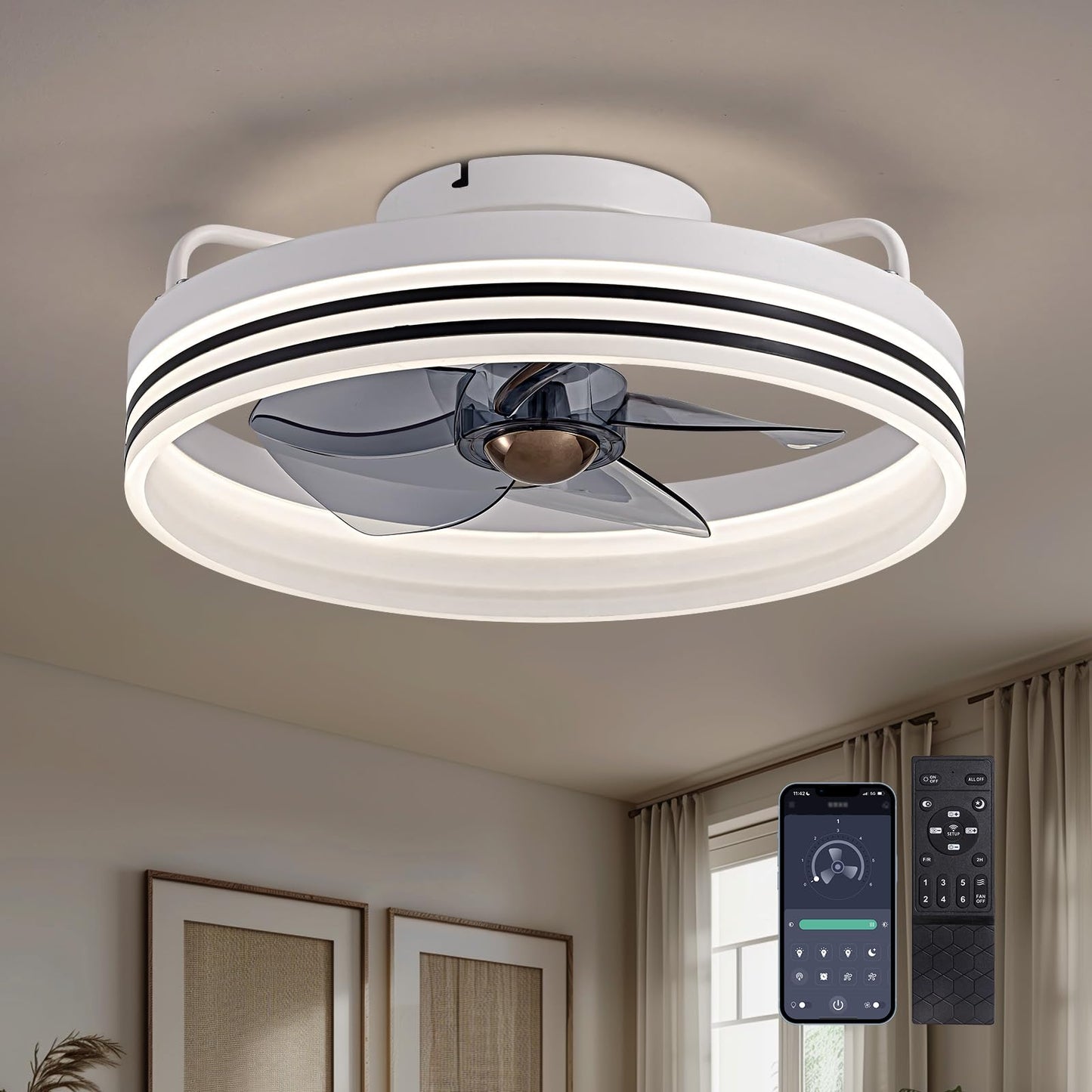 Flush Mount Ceiling Fan with Lights and Remote 20" (Black)